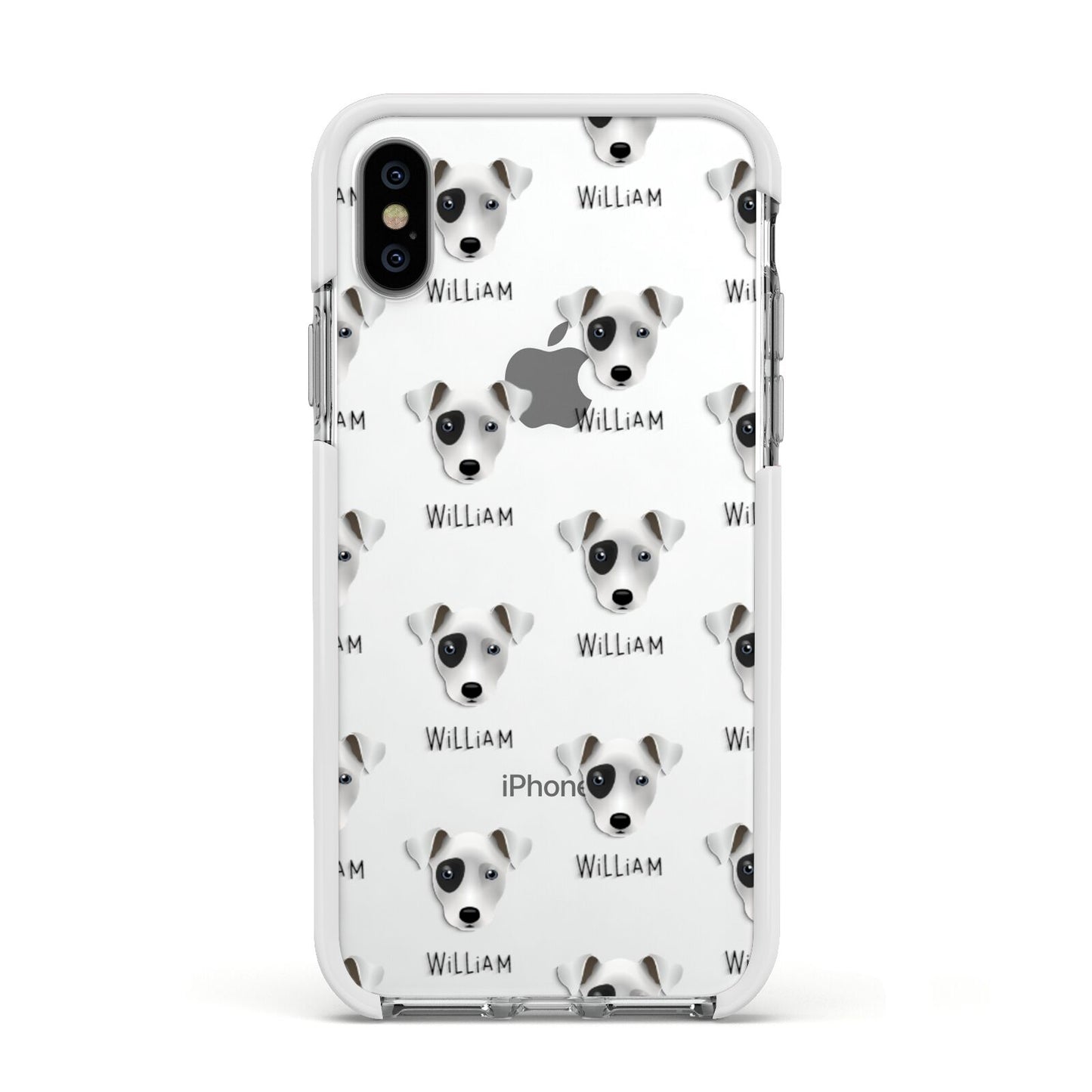Chi Staffy Bull Icon with Name Apple iPhone Xs Impact Case White Edge on Silver Phone