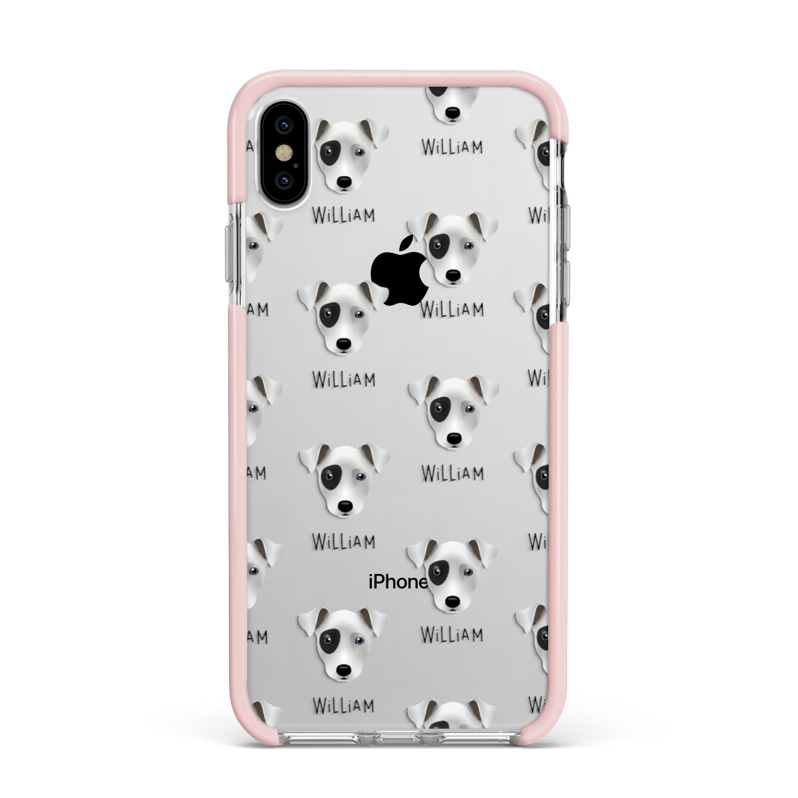 Chi Staffy Bull Icon with Name Apple iPhone Xs Max Impact Case Pink Edge on Silver Phone