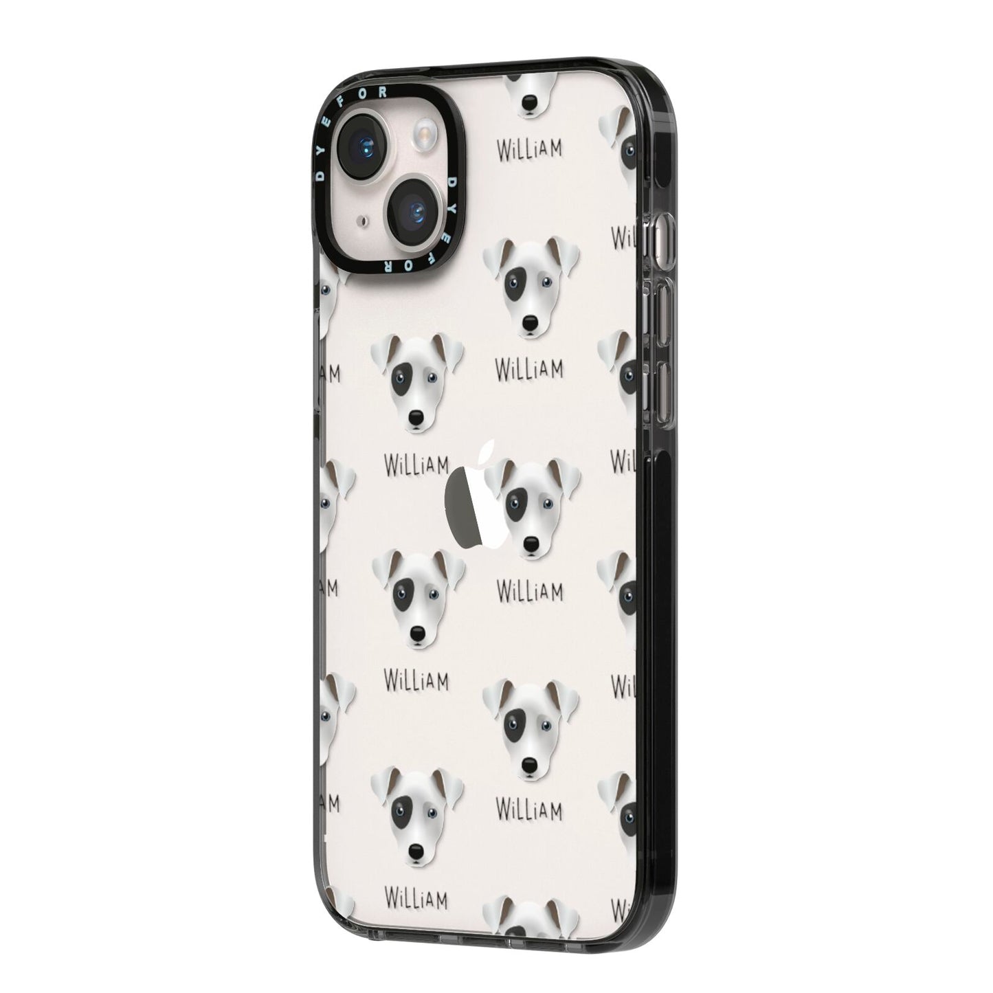 Chi Staffy Bull Icon with Name iPhone 14 Plus Black Impact Case Side Angle on Silver phone