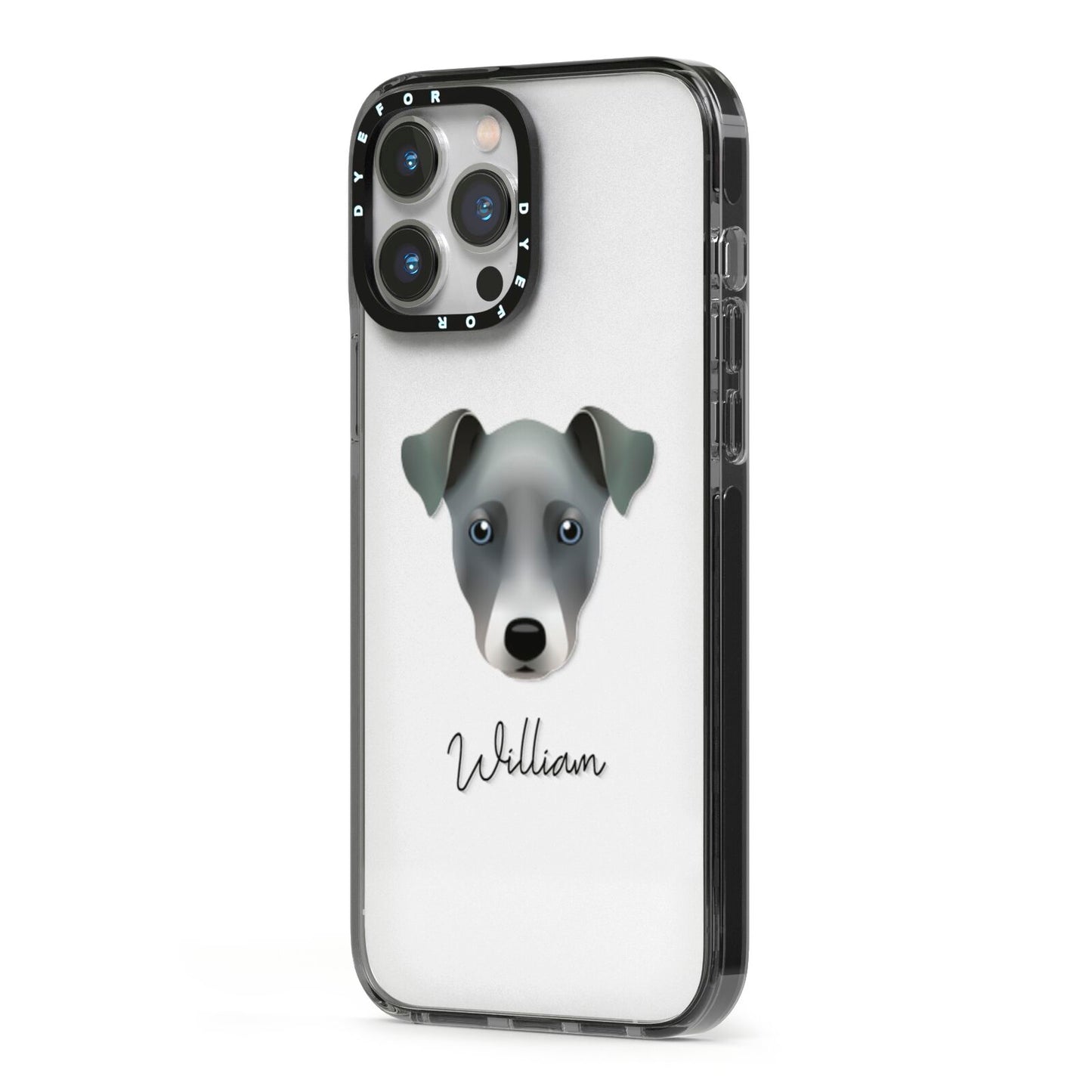 Chi Staffy Bull Personalised iPhone 13 Pro Max Black Impact Case Side Angle on Silver phone
