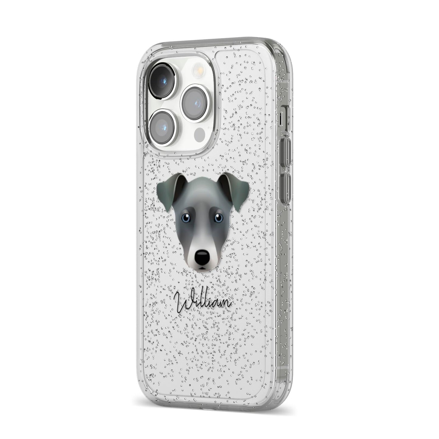 Chi Staffy Bull Personalised iPhone 14 Pro Glitter Tough Case Silver Angled Image