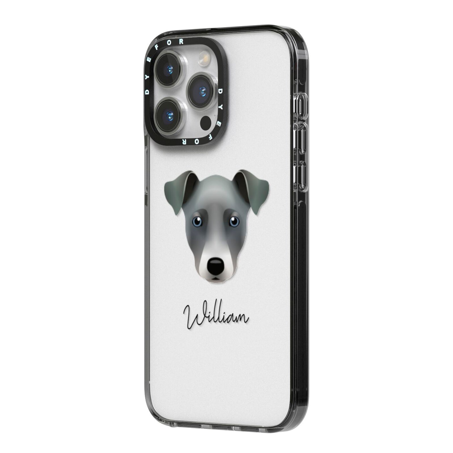 Chi Staffy Bull Personalised iPhone 14 Pro Max Black Impact Case Side Angle on Silver phone