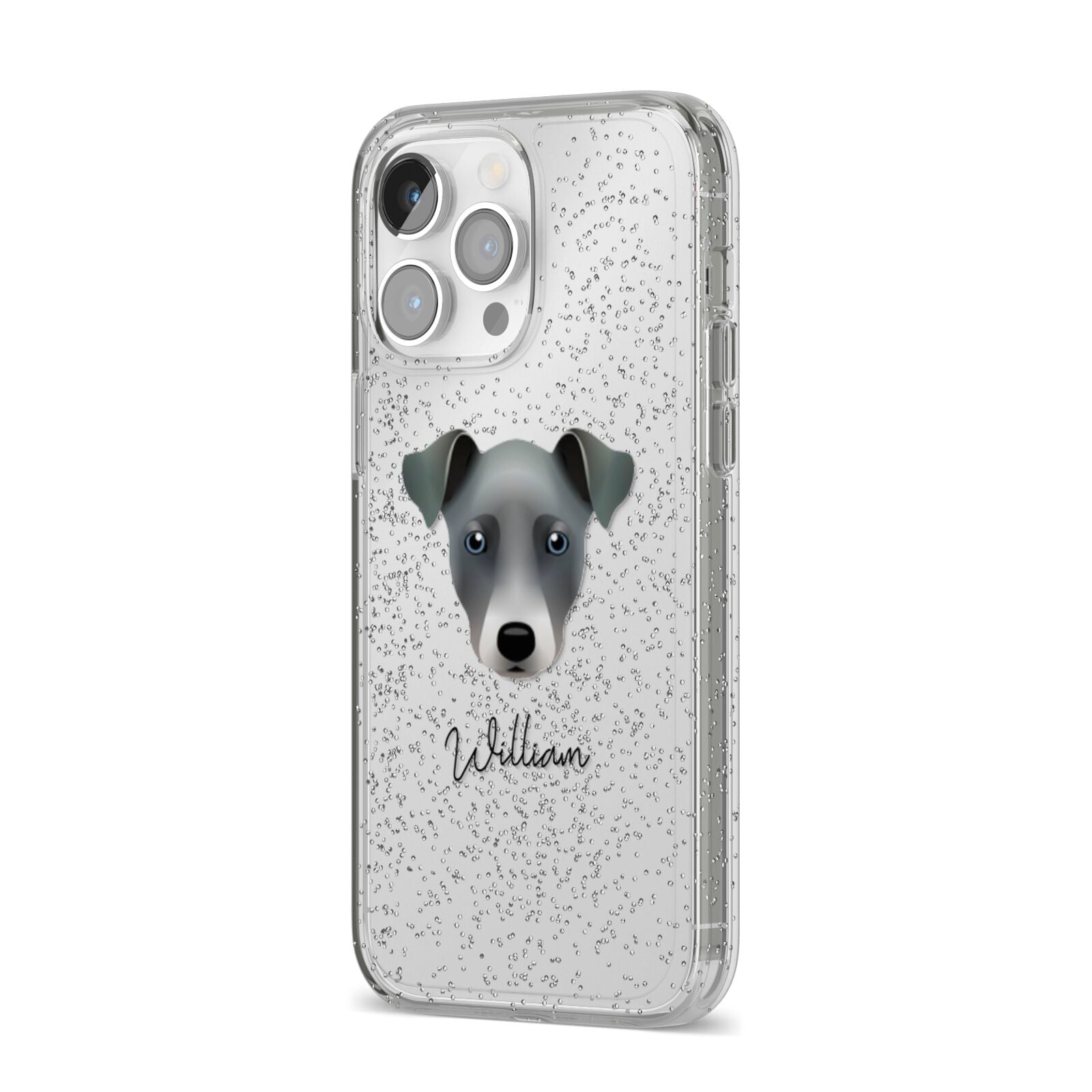 Chi Staffy Bull Personalised iPhone 14 Pro Max Glitter Tough Case Silver Angled Image