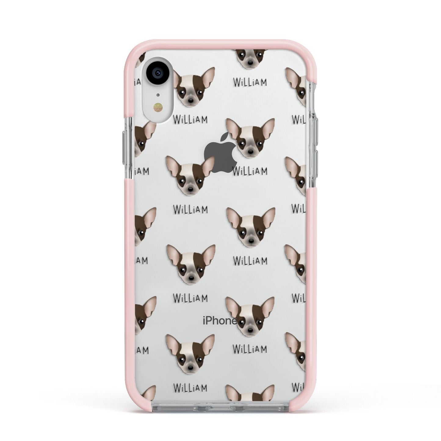Chihuahua Icon with Name Apple iPhone XR Impact Case Pink Edge on Silver Phone