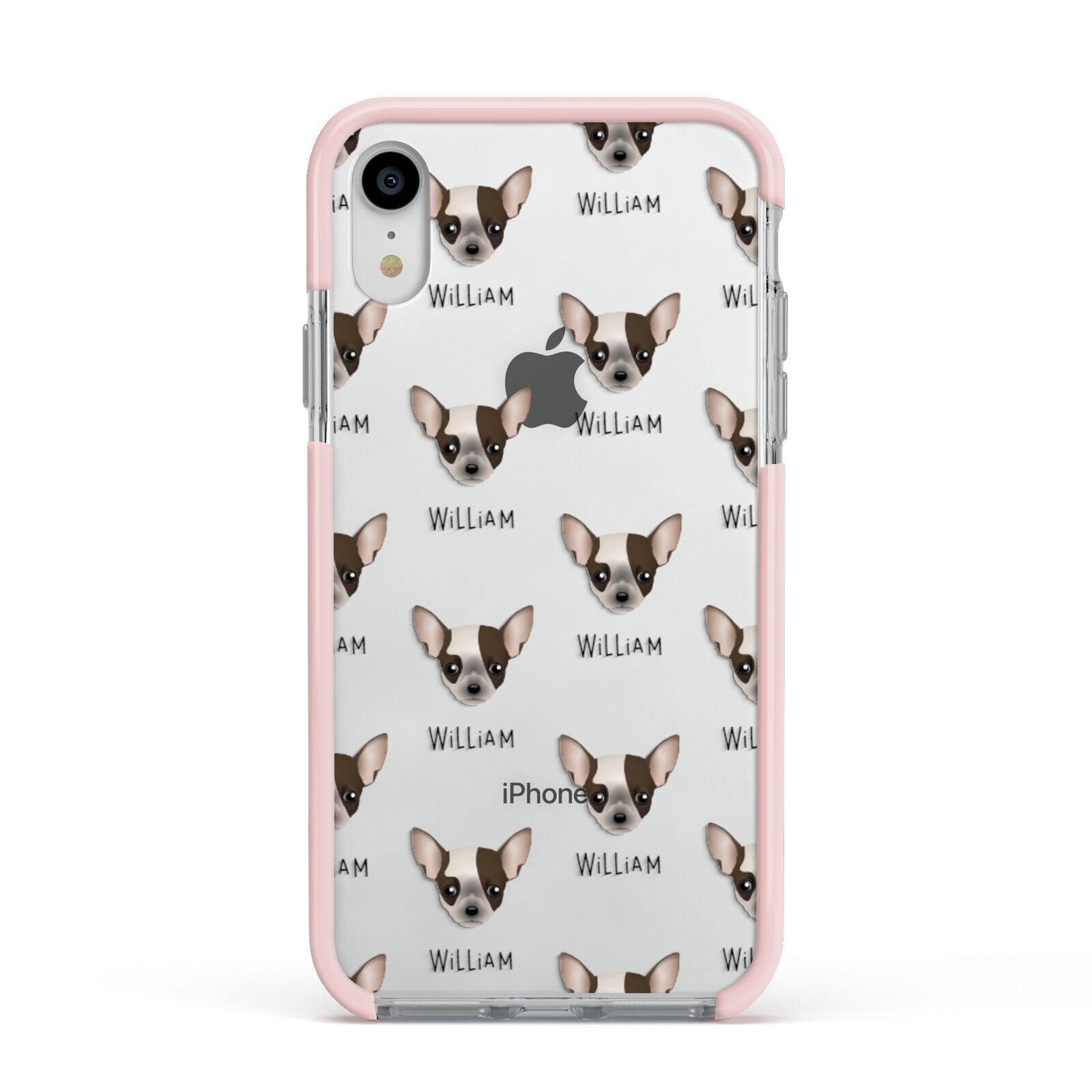 Chihuahua Icon with Name Apple iPhone XR Impact Case Pink Edge on Silver Phone