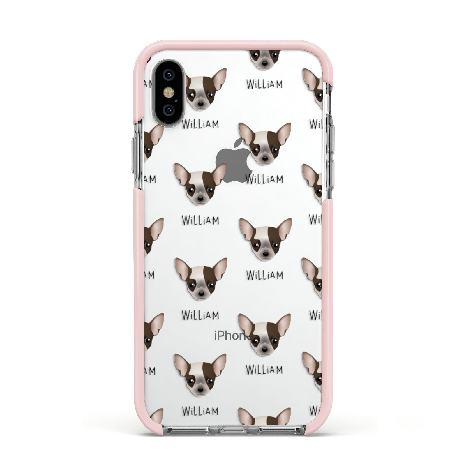 Chihuahua Icon with Name Apple iPhone Xs Impact Case Pink Edge on Silver Phone