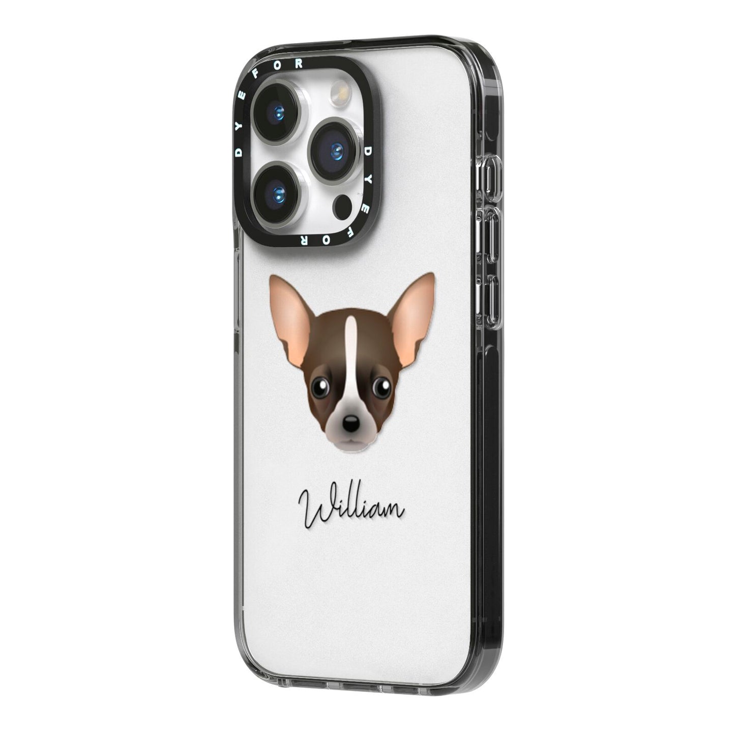 Chihuahua Personalised iPhone 14 Pro Black Impact Case Side Angle on Silver phone