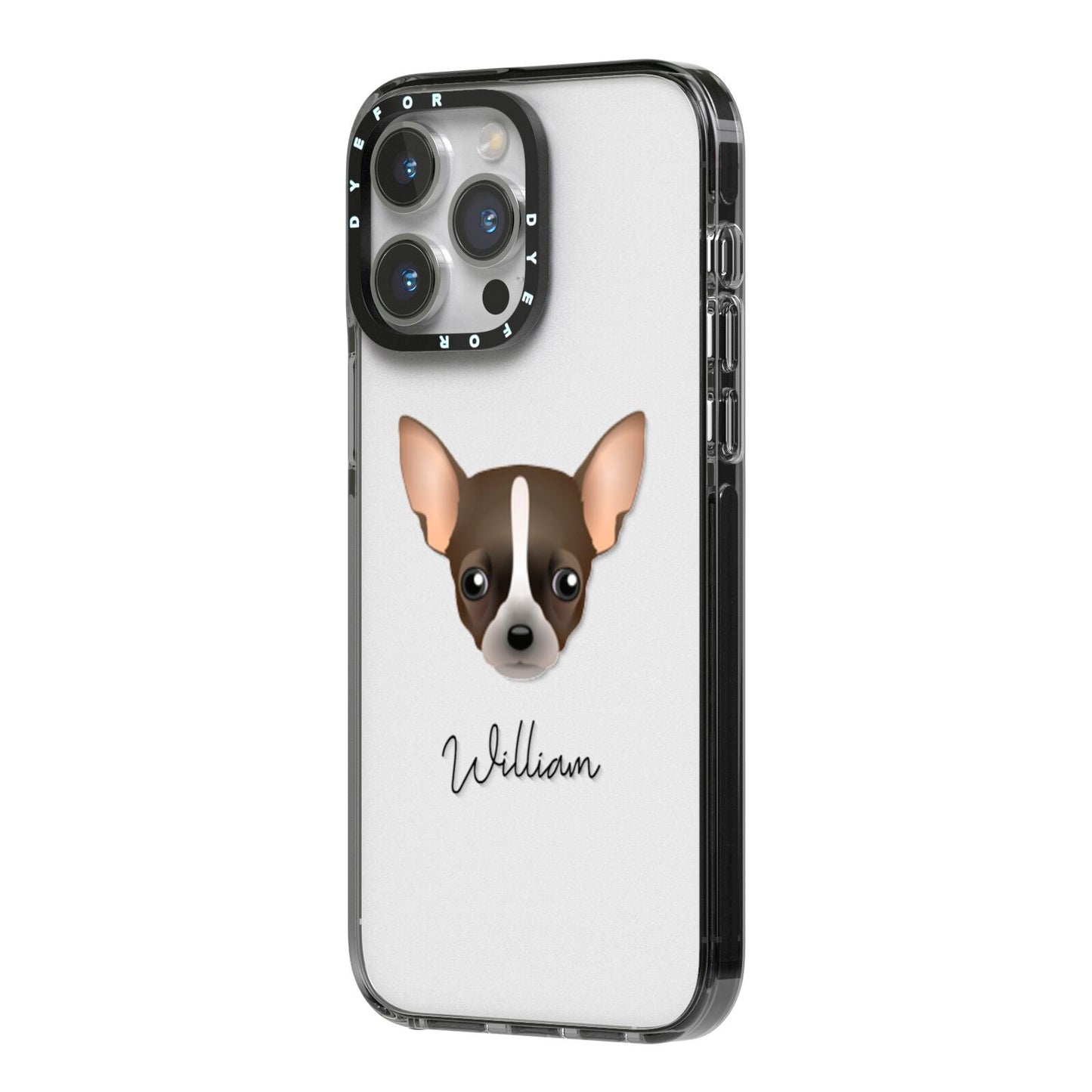 Chihuahua Personalised iPhone 14 Pro Max Black Impact Case Side Angle on Silver phone