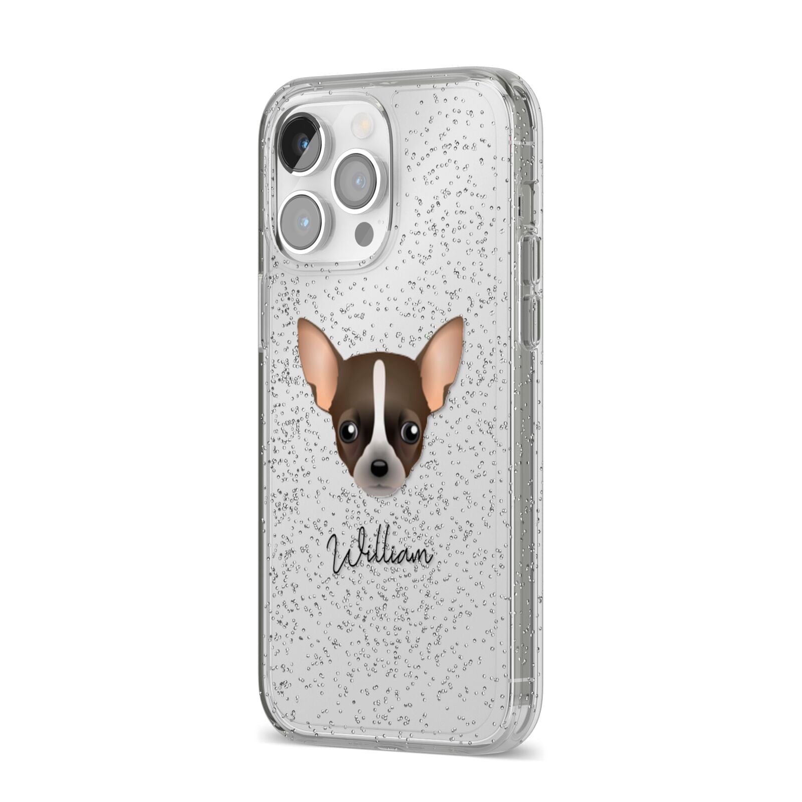 Chihuahua Personalised iPhone 14 Pro Max Glitter Tough Case Silver Angled Image