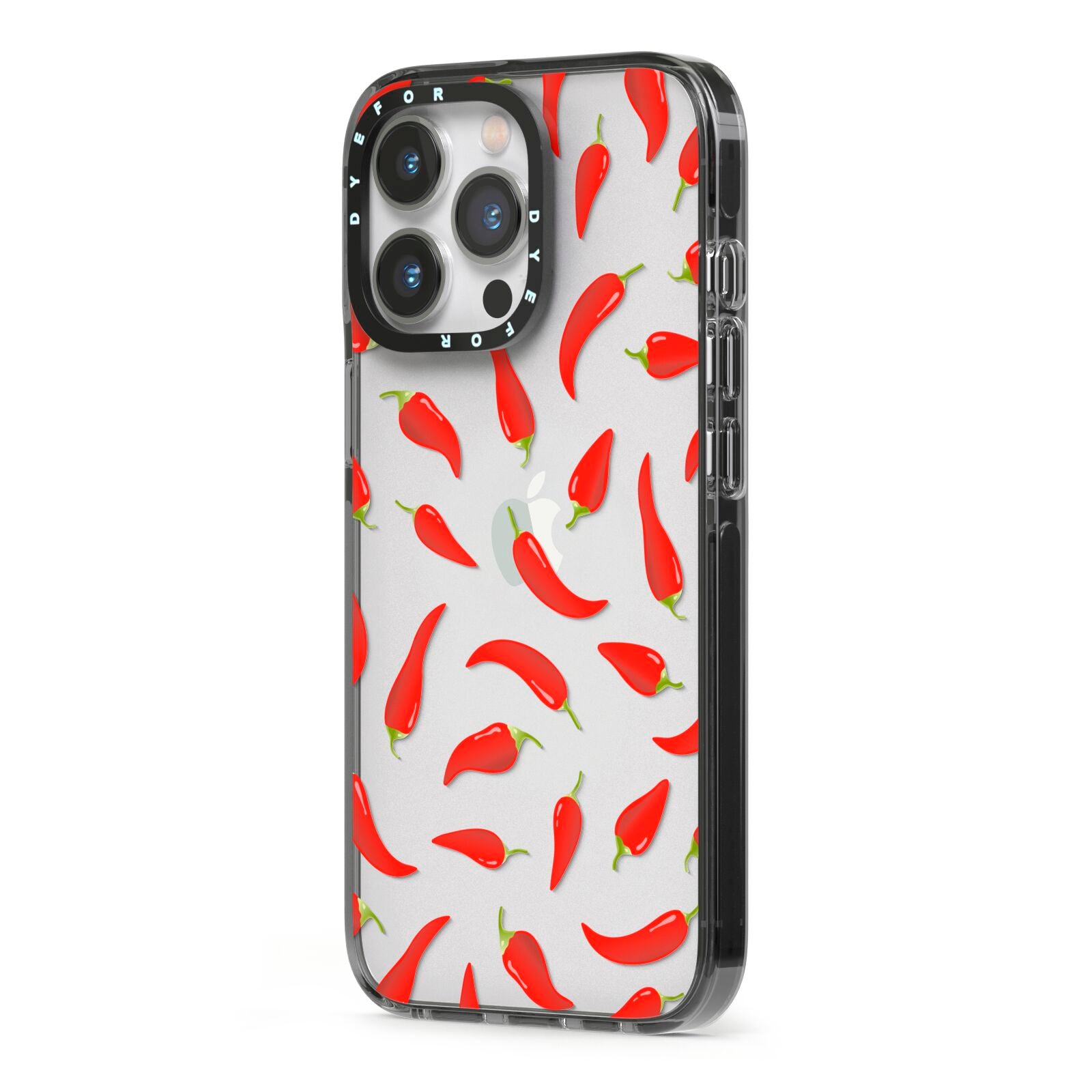 Chilli Pepper iPhone 13 Pro Black Impact Case Side Angle on Silver phone