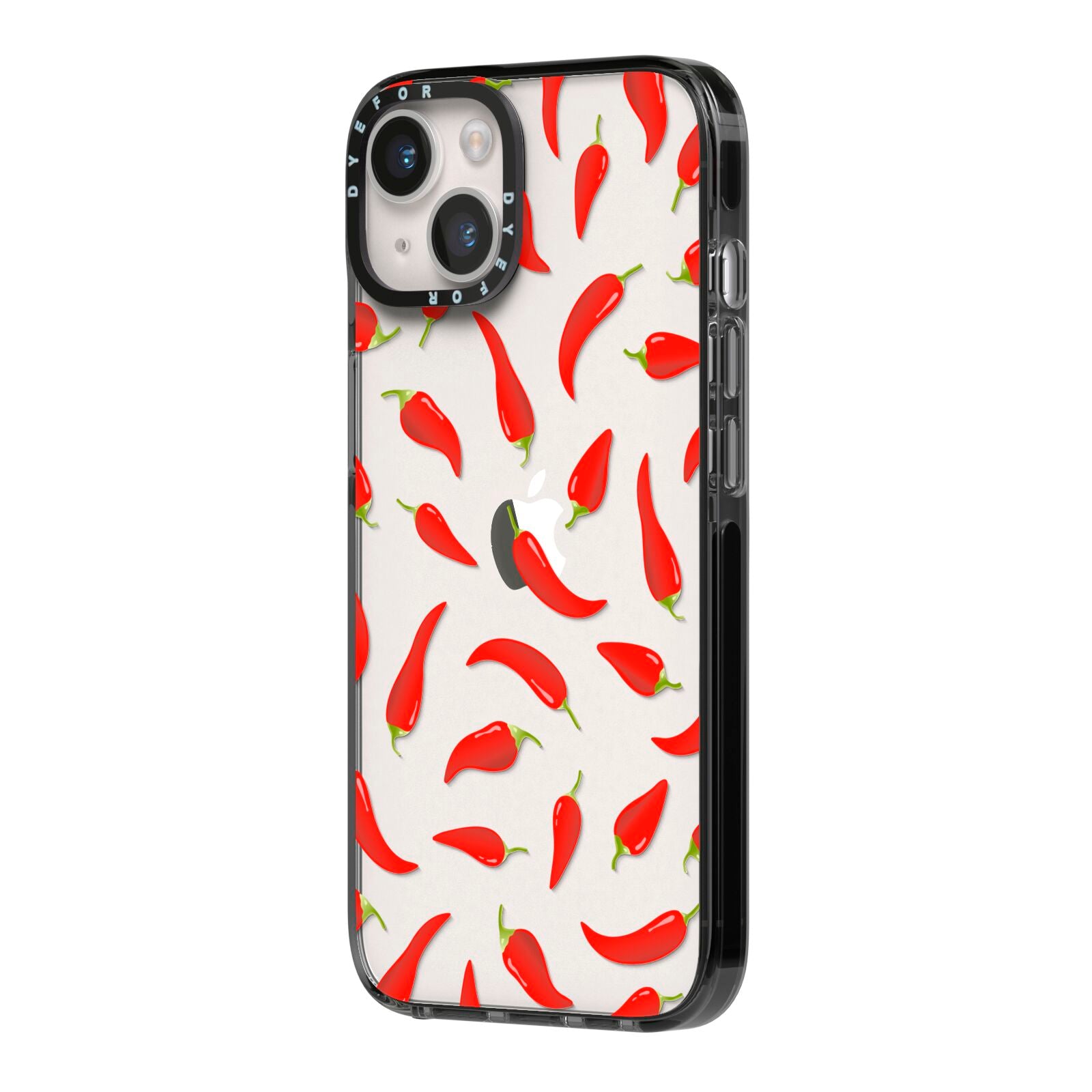 Chilli Pepper iPhone 14 Black Impact Case Side Angle on Silver phone