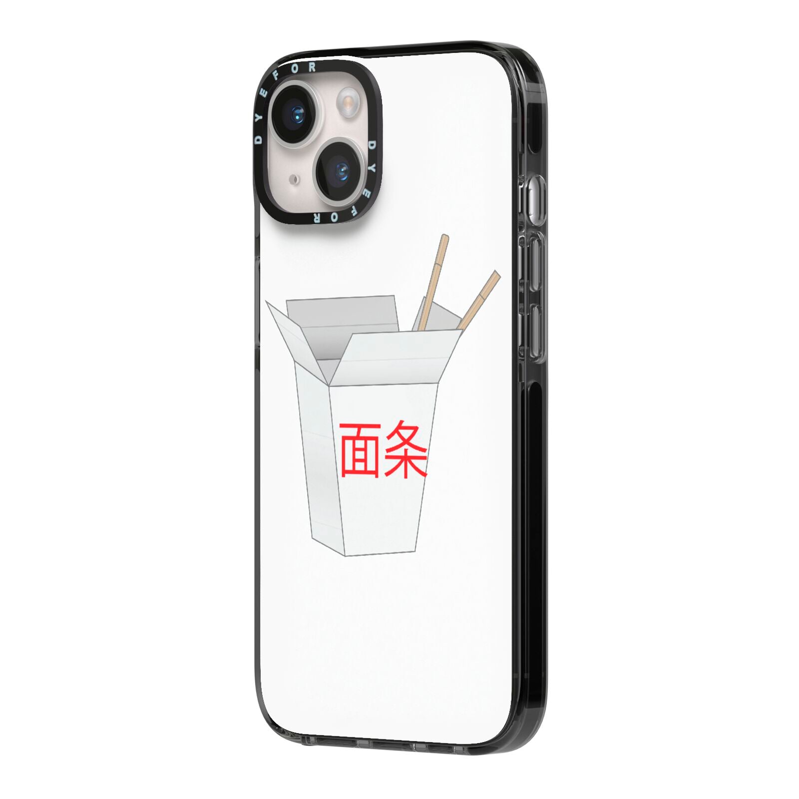 Chinese Takeaway Box iPhone 14 Black Impact Case Side Angle on Silver phone