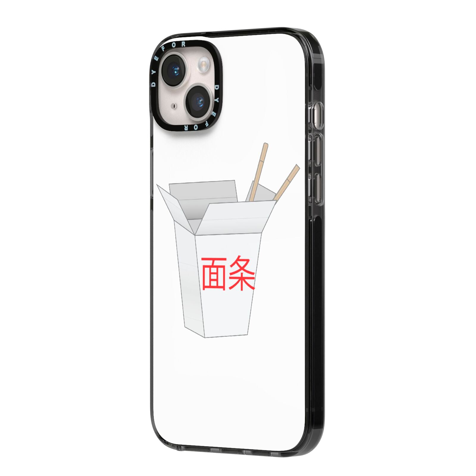 Chinese Takeaway Box iPhone 14 Plus Black Impact Case Side Angle on Silver phone