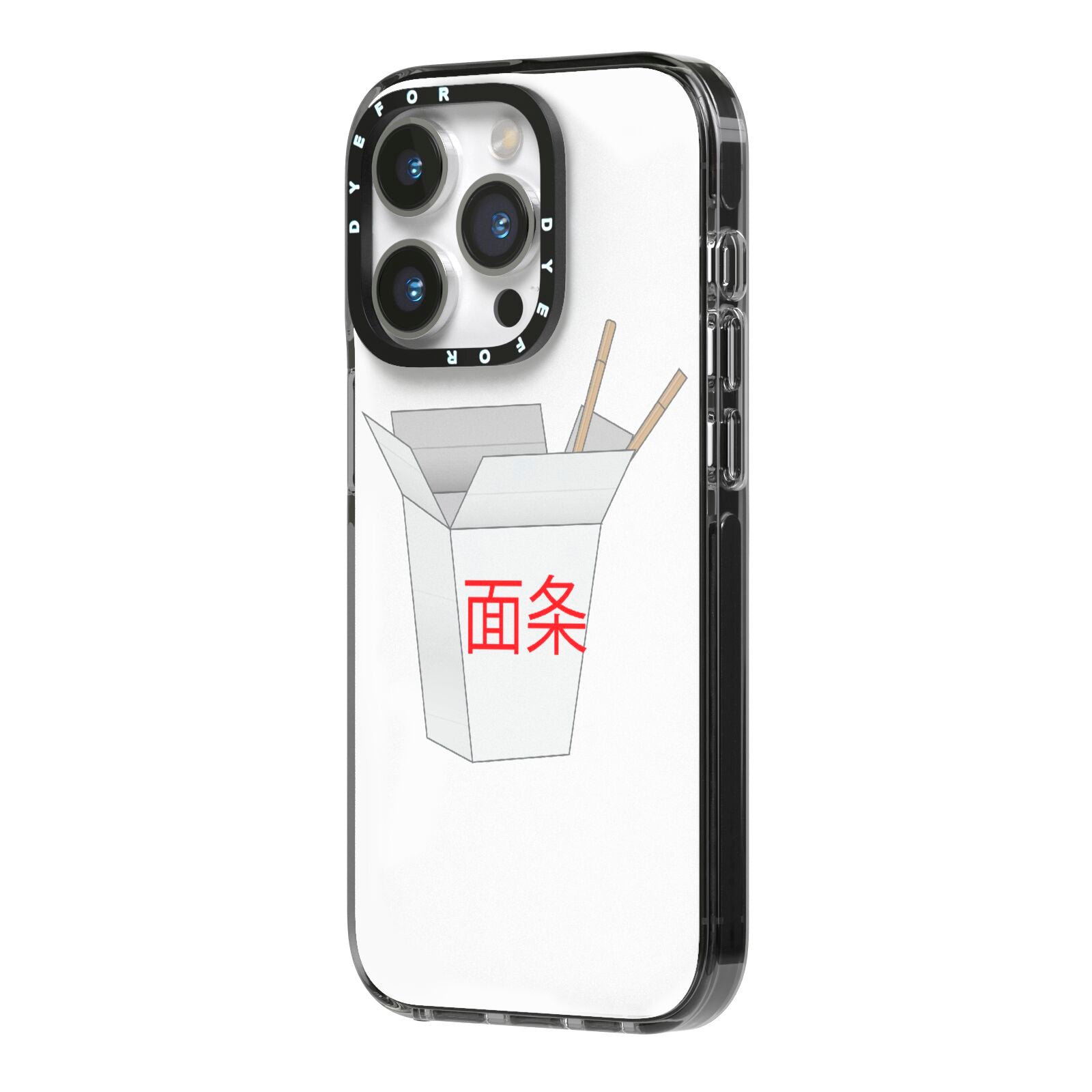 Chinese Takeaway Box iPhone 14 Pro Black Impact Case Side Angle on Silver phone