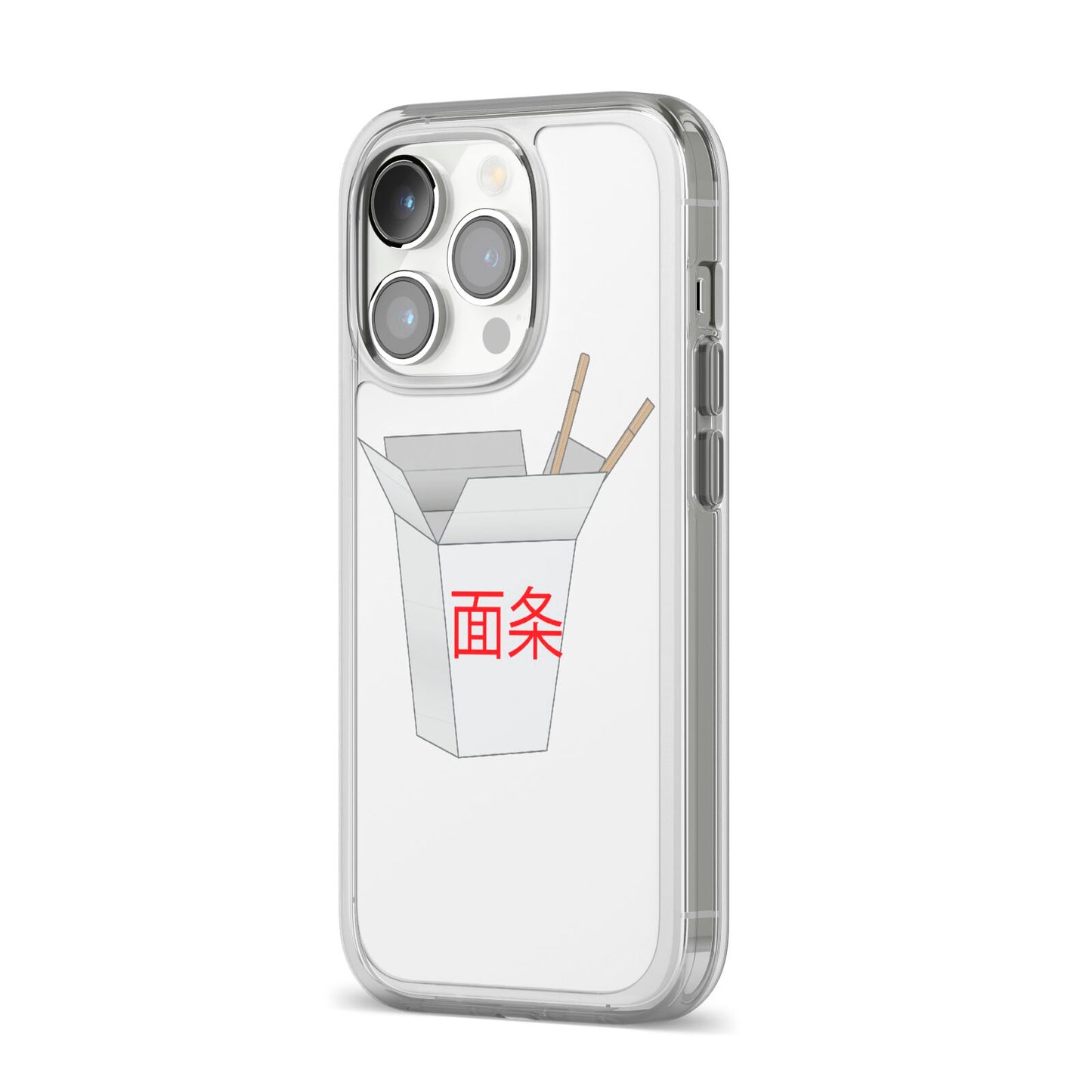 Chinese Takeaway Box iPhone 14 Pro Clear Tough Case Silver Angled Image