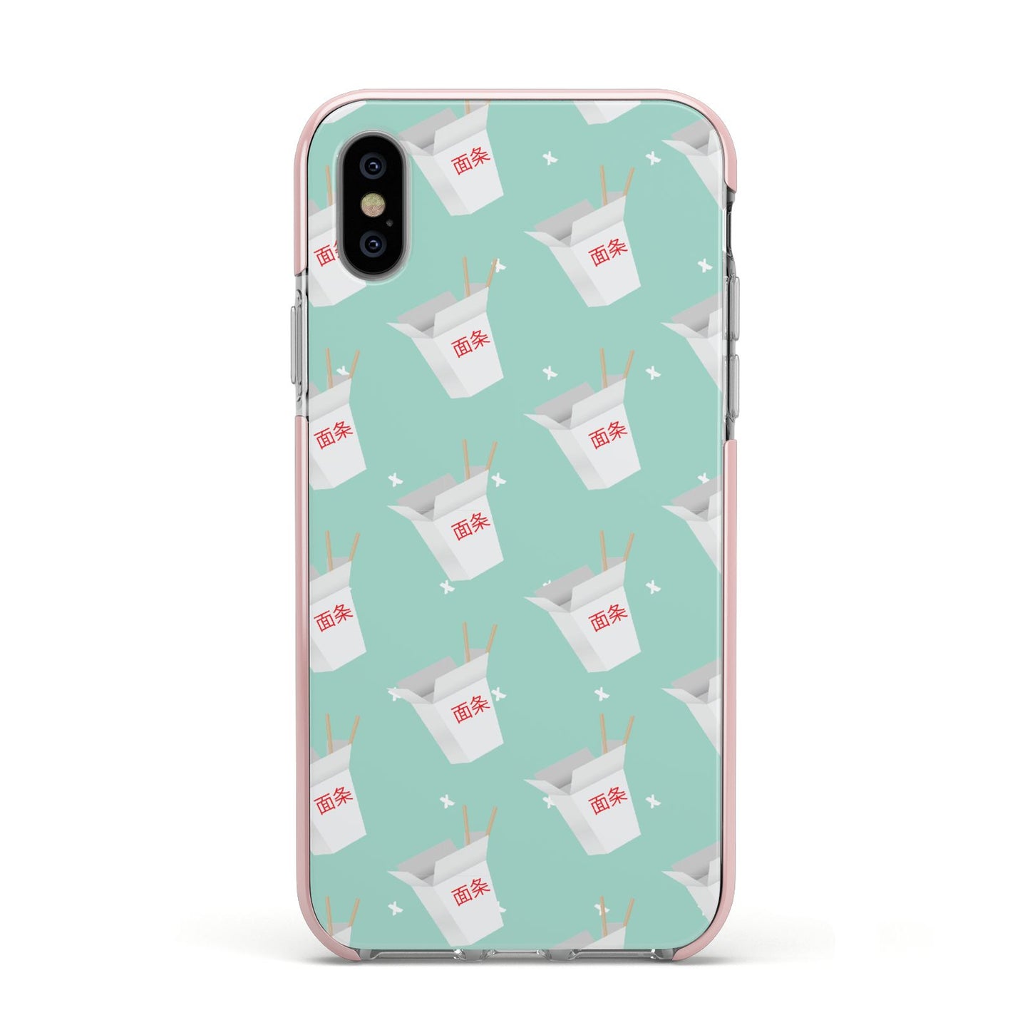 Chinese Takeaway Pattern Apple iPhone Xs Impact Case Pink Edge on Silver Phone