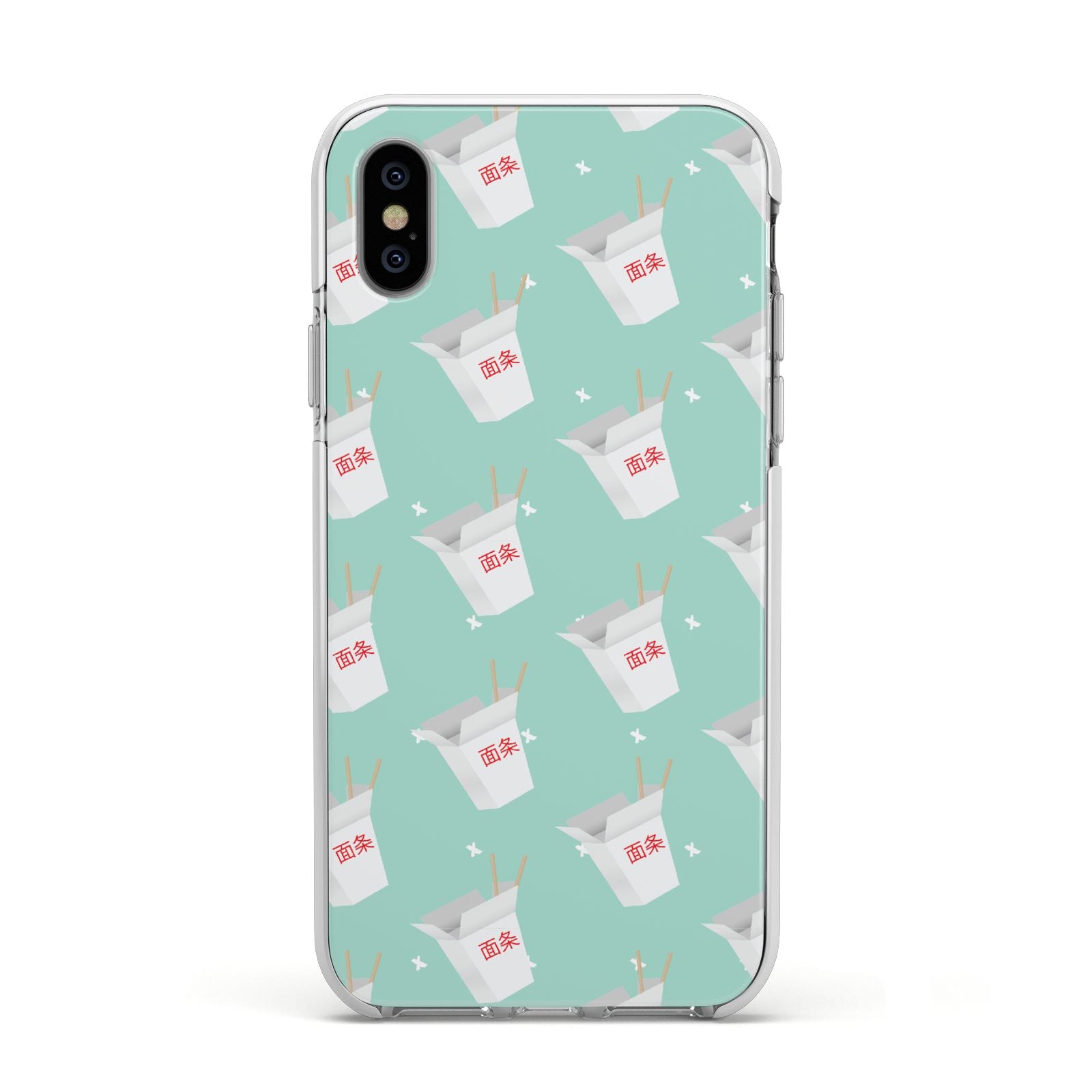 Chinese Takeaway Pattern Apple iPhone Xs Impact Case White Edge on Silver Phone
