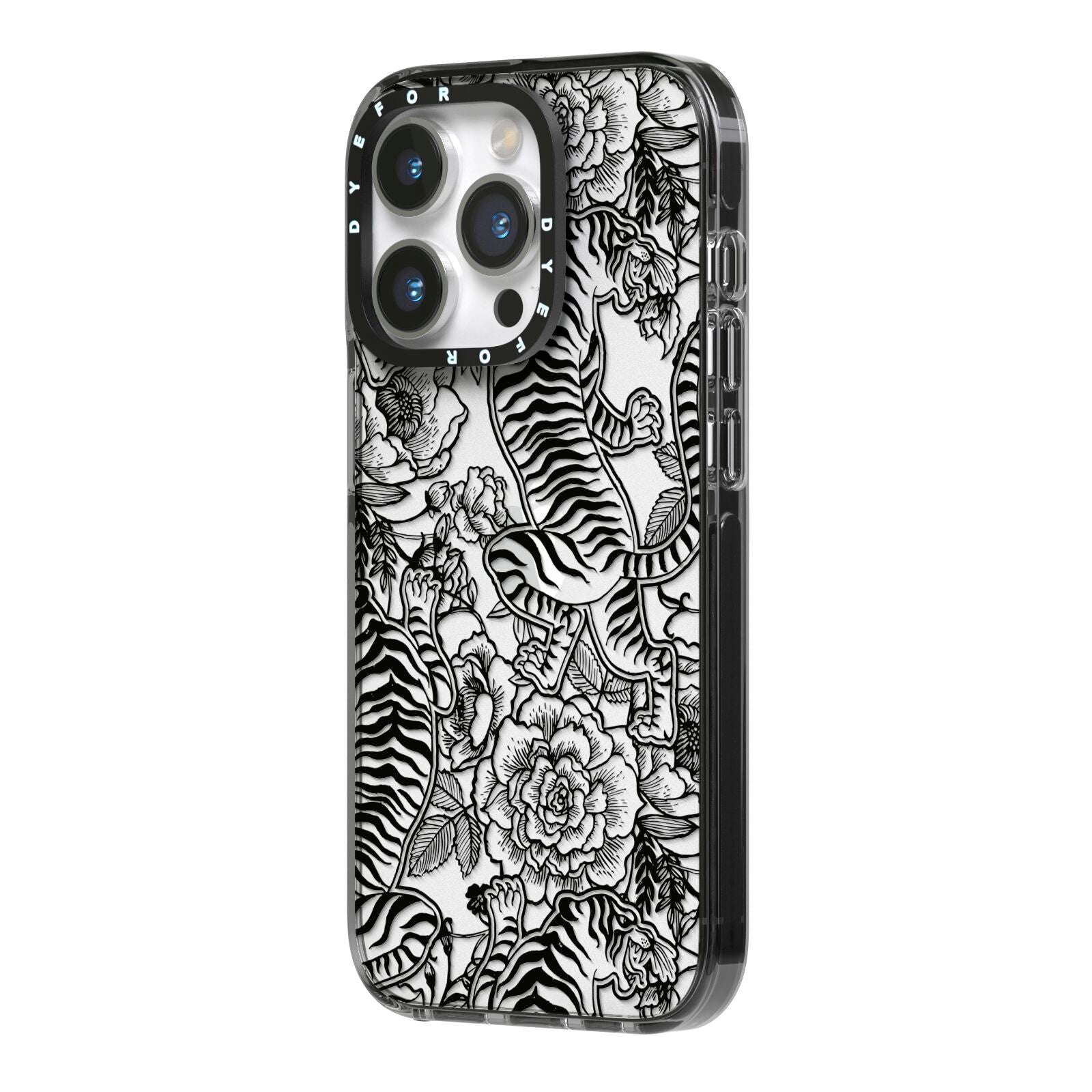 Chinese Tiger iPhone 14 Pro Black Impact Case Side Angle on Silver phone