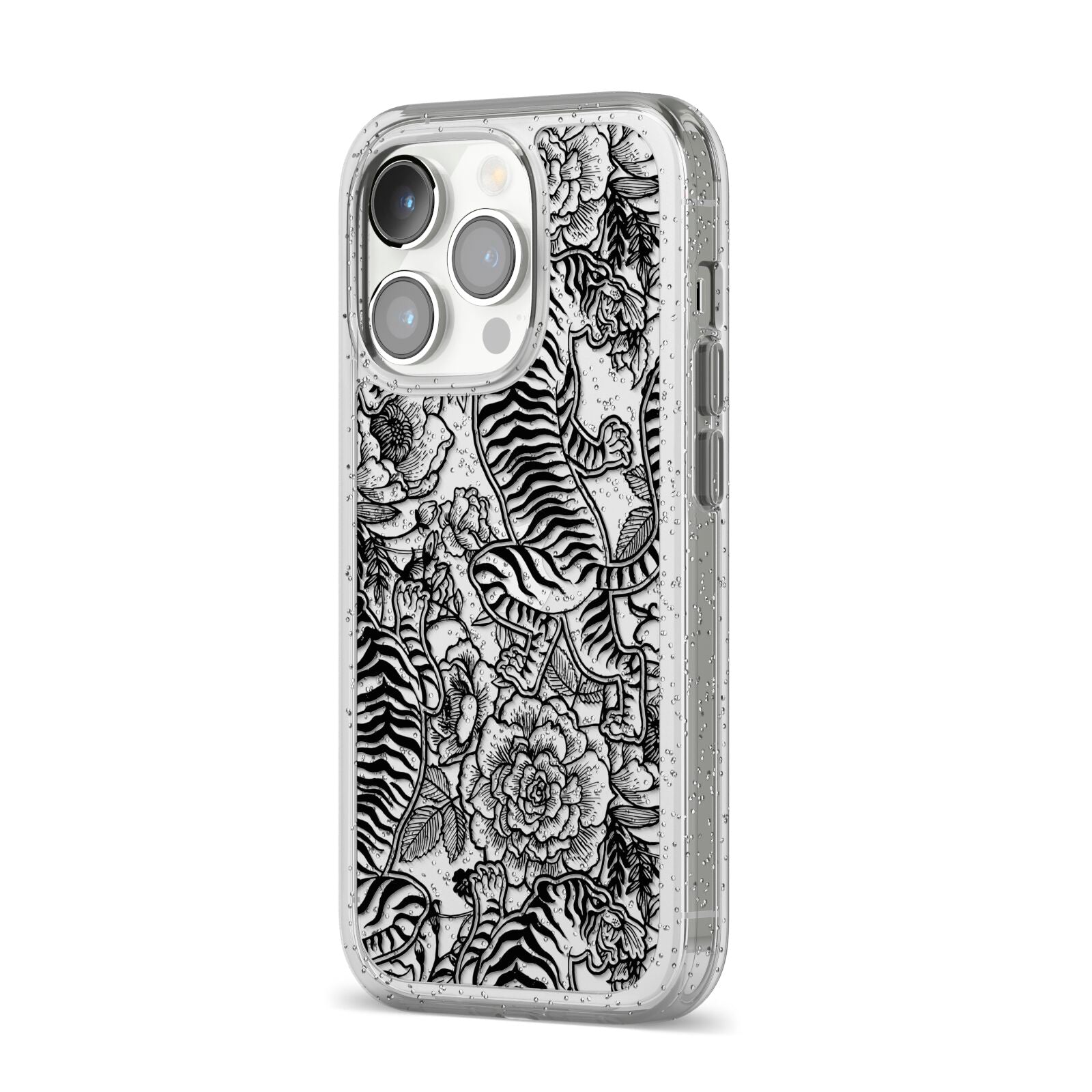 Chinese Tiger iPhone 14 Pro Glitter Tough Case Silver Angled Image