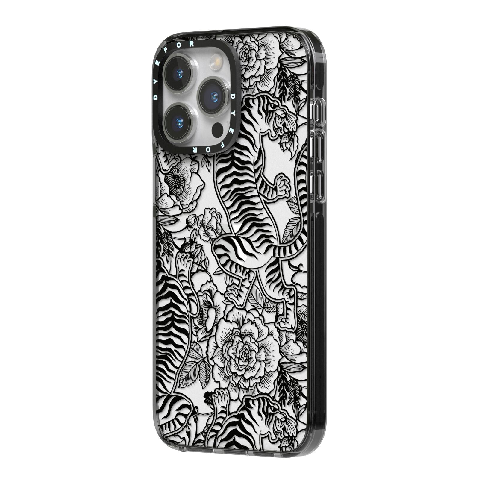 Chinese Tiger iPhone 14 Pro Max Black Impact Case Side Angle on Silver phone