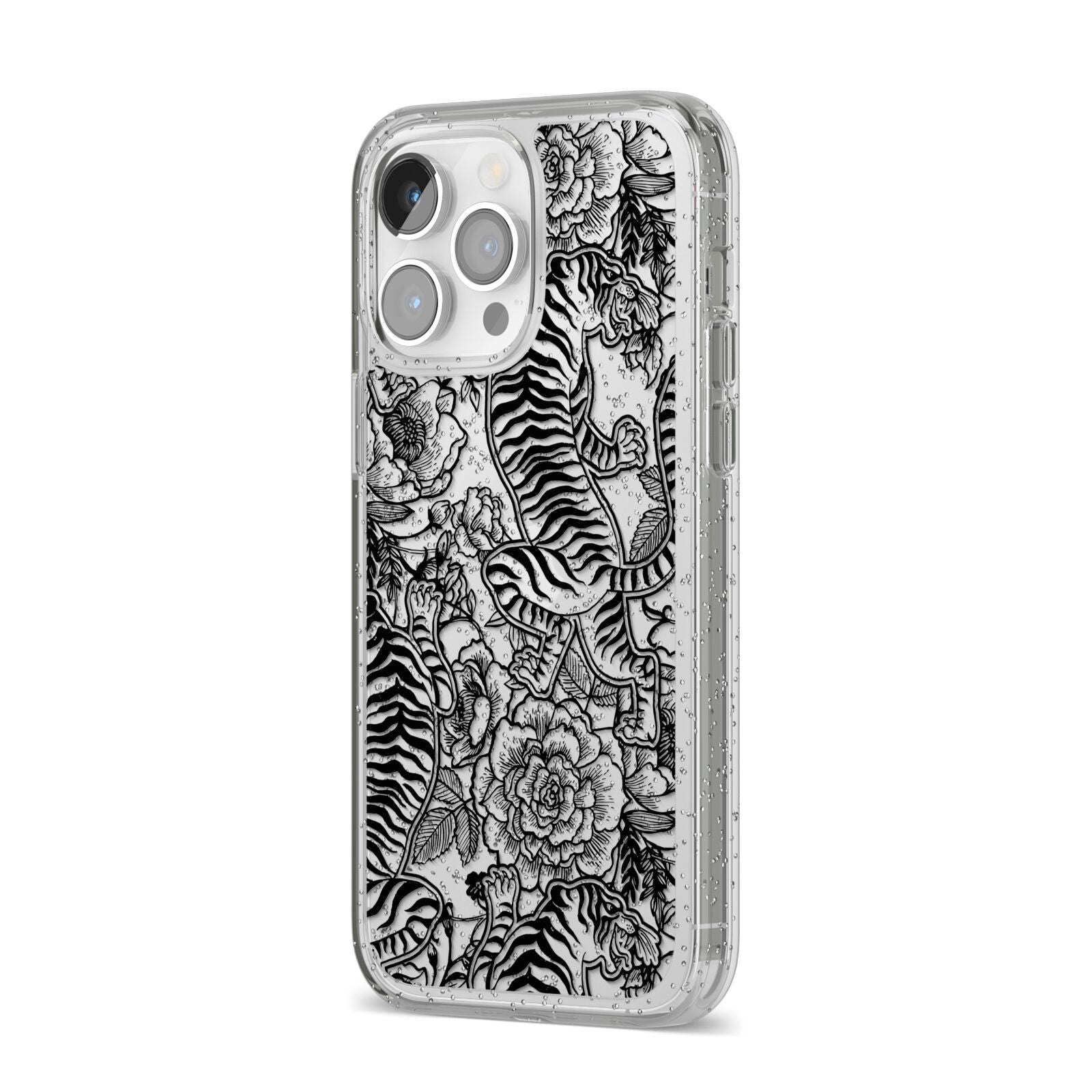 Chinese Tiger iPhone 14 Pro Max Glitter Tough Case Silver Angled Image
