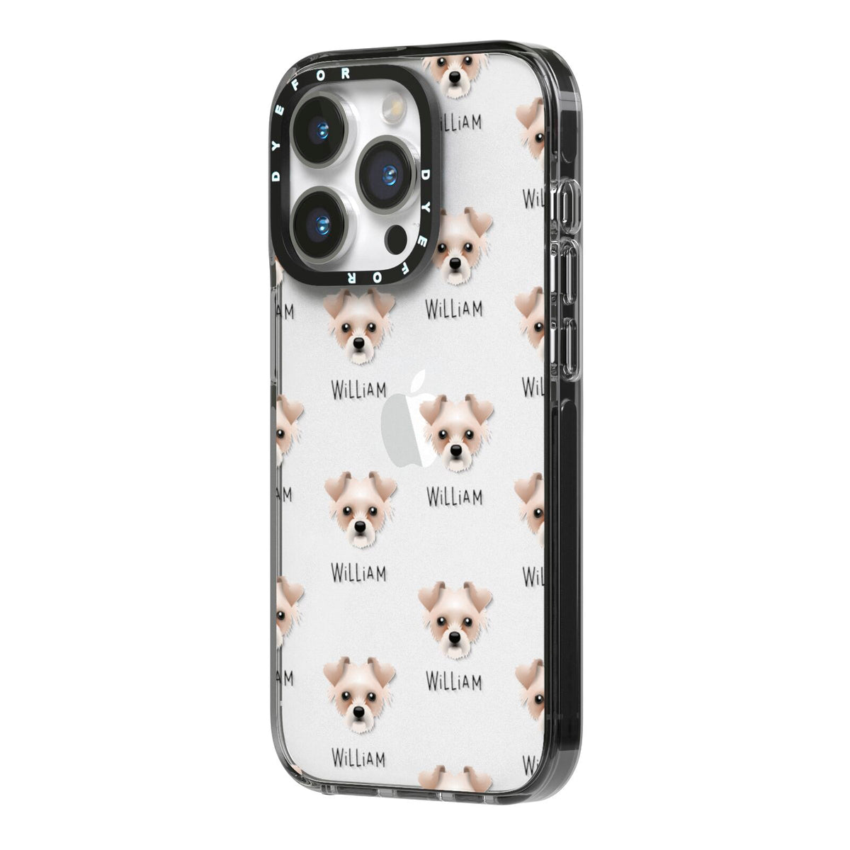 Chipoo Icon with Name iPhone 14 Pro Black Impact Case Side Angle on Silver phone
