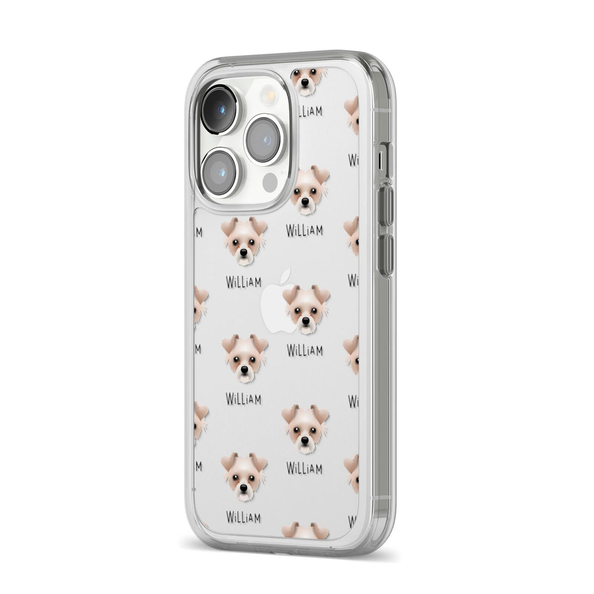 Chipoo Icon with Name iPhone 14 Pro Clear Tough Case Silver Angled Image