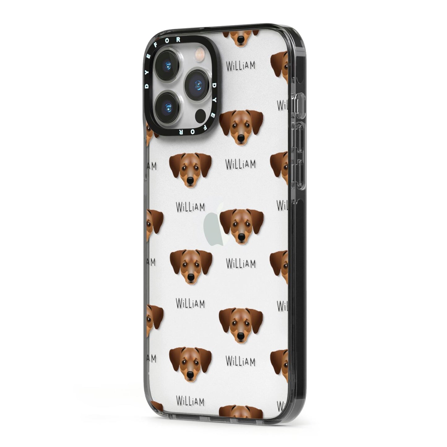 Chiweenie Icon with Name iPhone 13 Pro Max Black Impact Case Side Angle on Silver phone