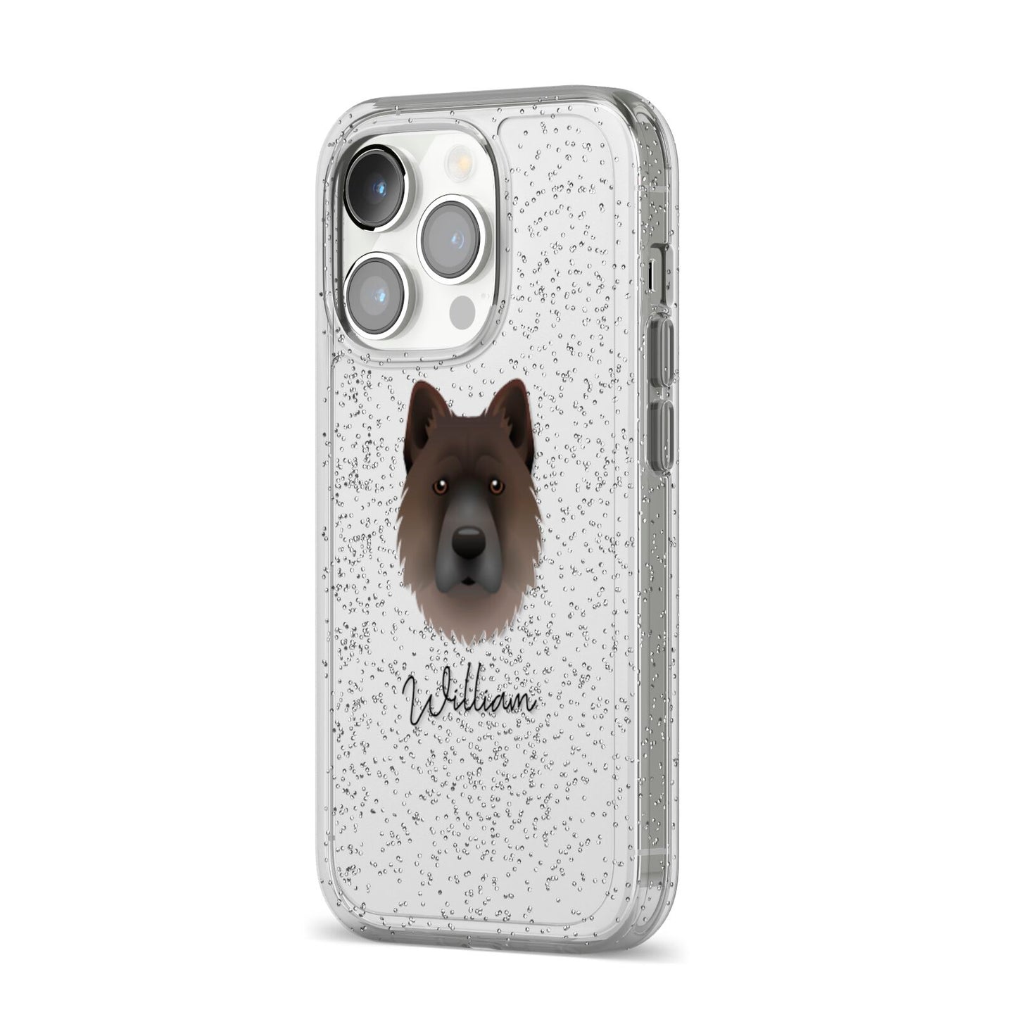 Chow Shepherd Personalised iPhone 14 Pro Glitter Tough Case Silver Angled Image