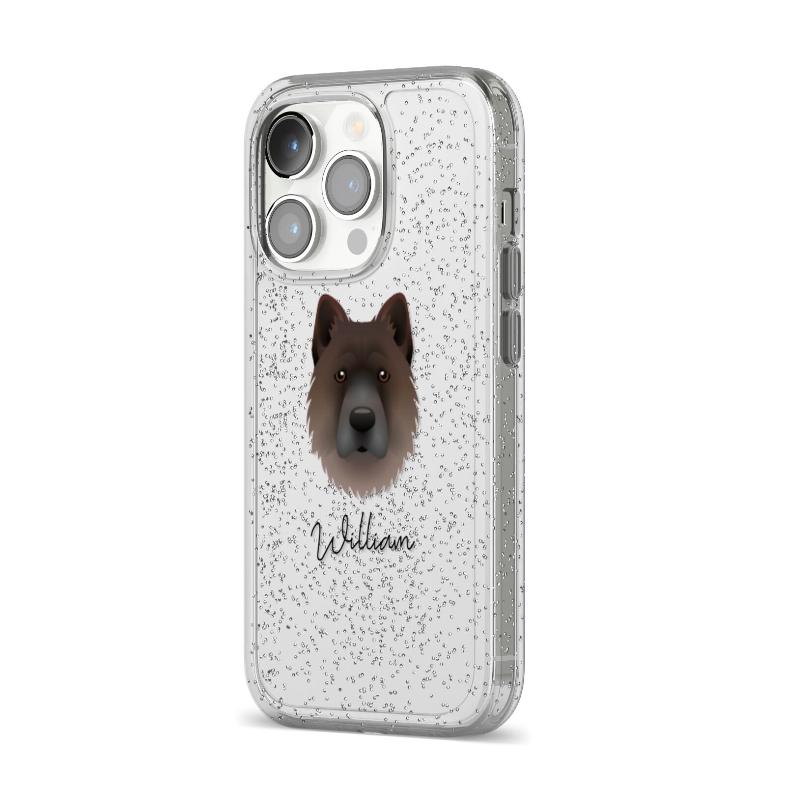 Chow Shepherd Personalised iPhone 14 Pro Glitter Tough Case Silver Angled Image
