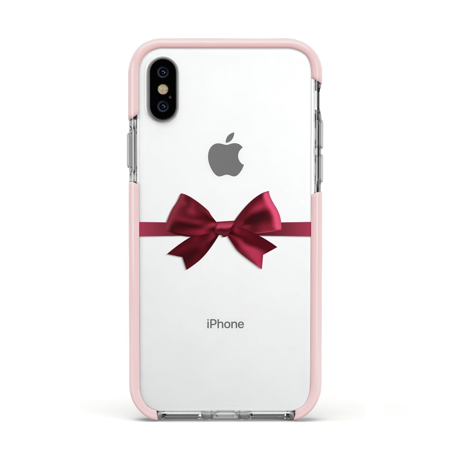 Christmas Bow Apple iPhone Xs Impact Case Pink Edge on Silver Phone