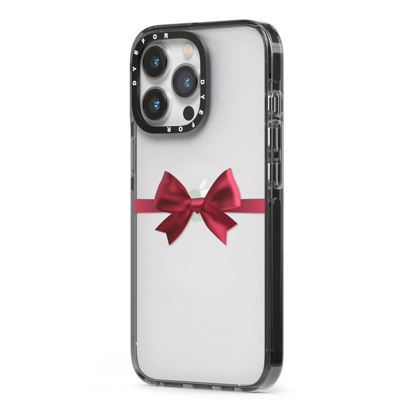 Christmas Bow iPhone 13 Pro Black Impact Case Side Angle on Silver phone