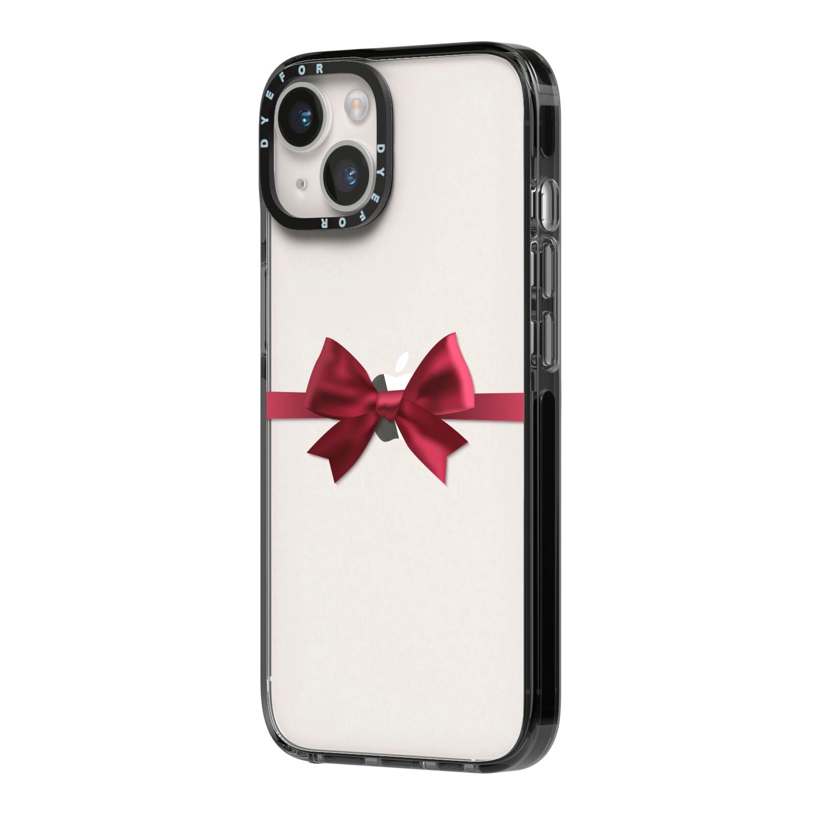 Christmas Bow iPhone 14 Black Impact Case Side Angle on Silver phone