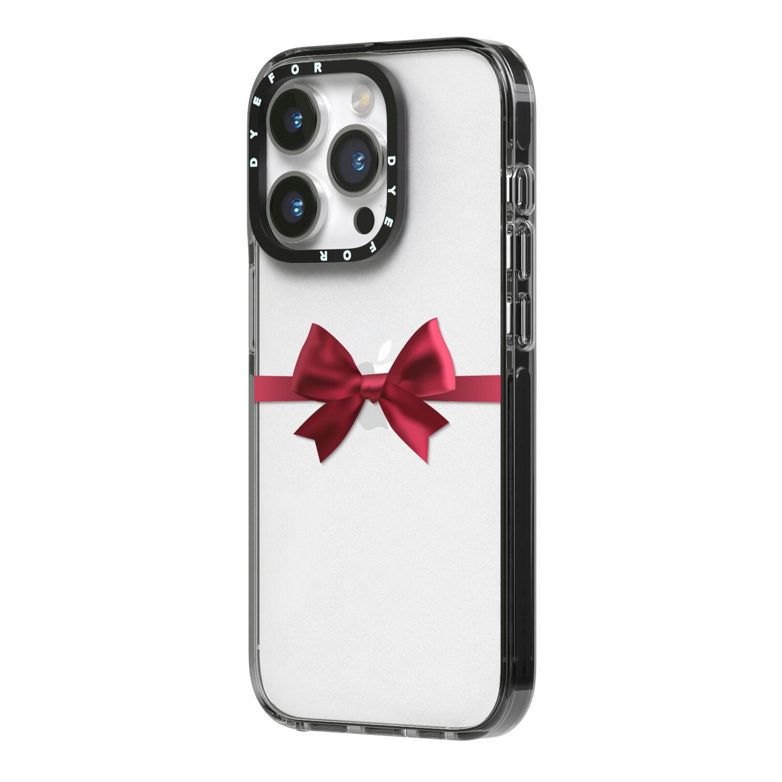 Christmas Bow iPhone 14 Pro Black Impact Case Side Angle on Silver phone