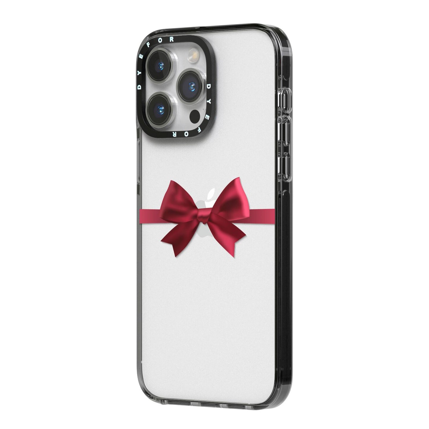 Christmas Bow iPhone 14 Pro Max Black Impact Case Side Angle on Silver phone