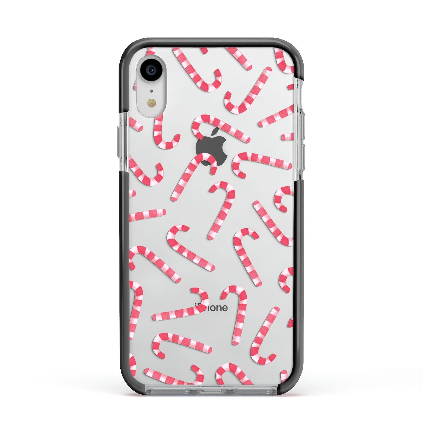 Christmas Candy Cane Apple iPhone XR Impact Case Black Edge on Silver Phone