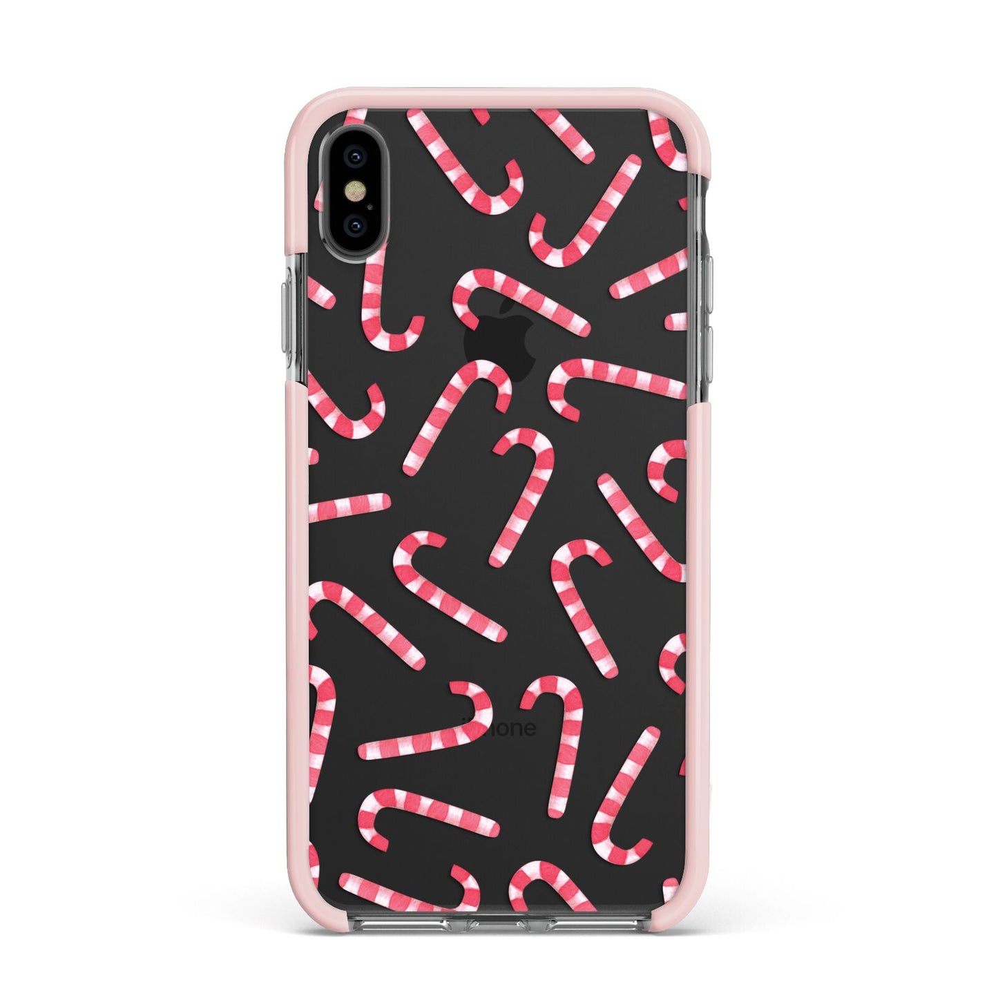 Christmas Candy Cane Apple iPhone Xs Max Impact Case Pink Edge on Black Phone