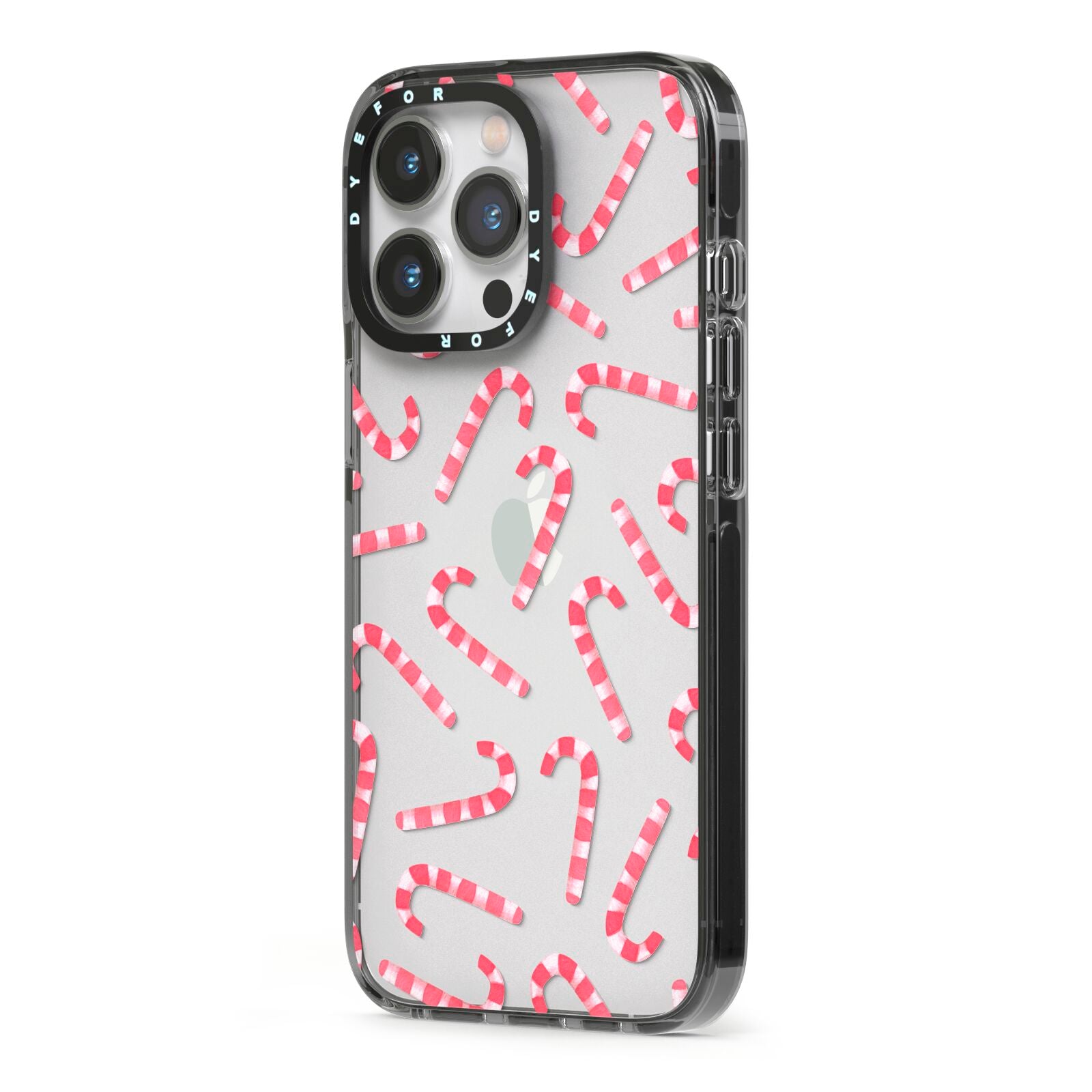 Christmas Candy Cane iPhone 13 Pro Black Impact Case Side Angle on Silver phone