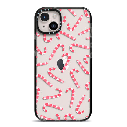 Christmas Candy Cane iPhone 14 Plus Black Impact Case on Silver phone