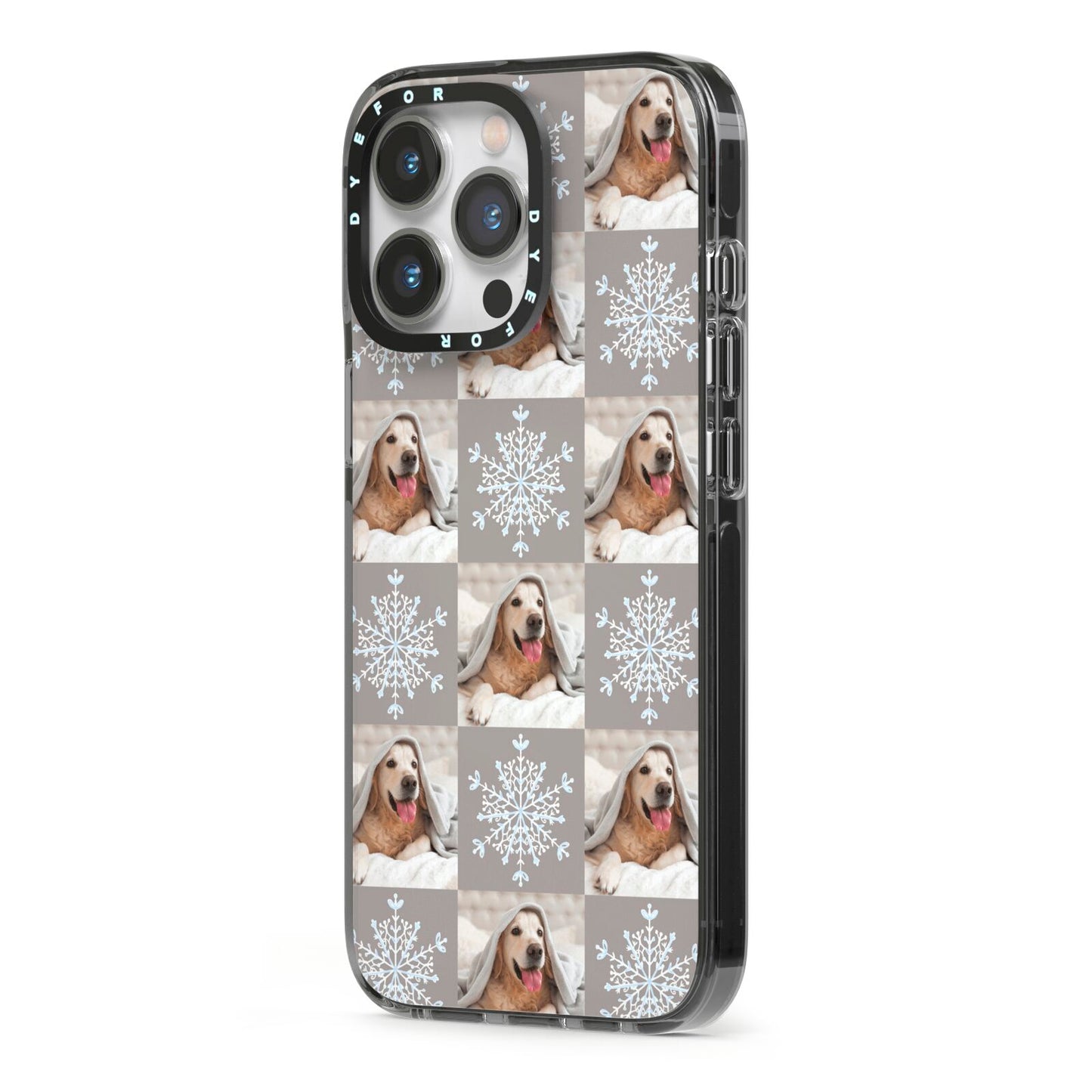Christmas Dog Photo iPhone 13 Pro Black Impact Case Side Angle on Silver phone