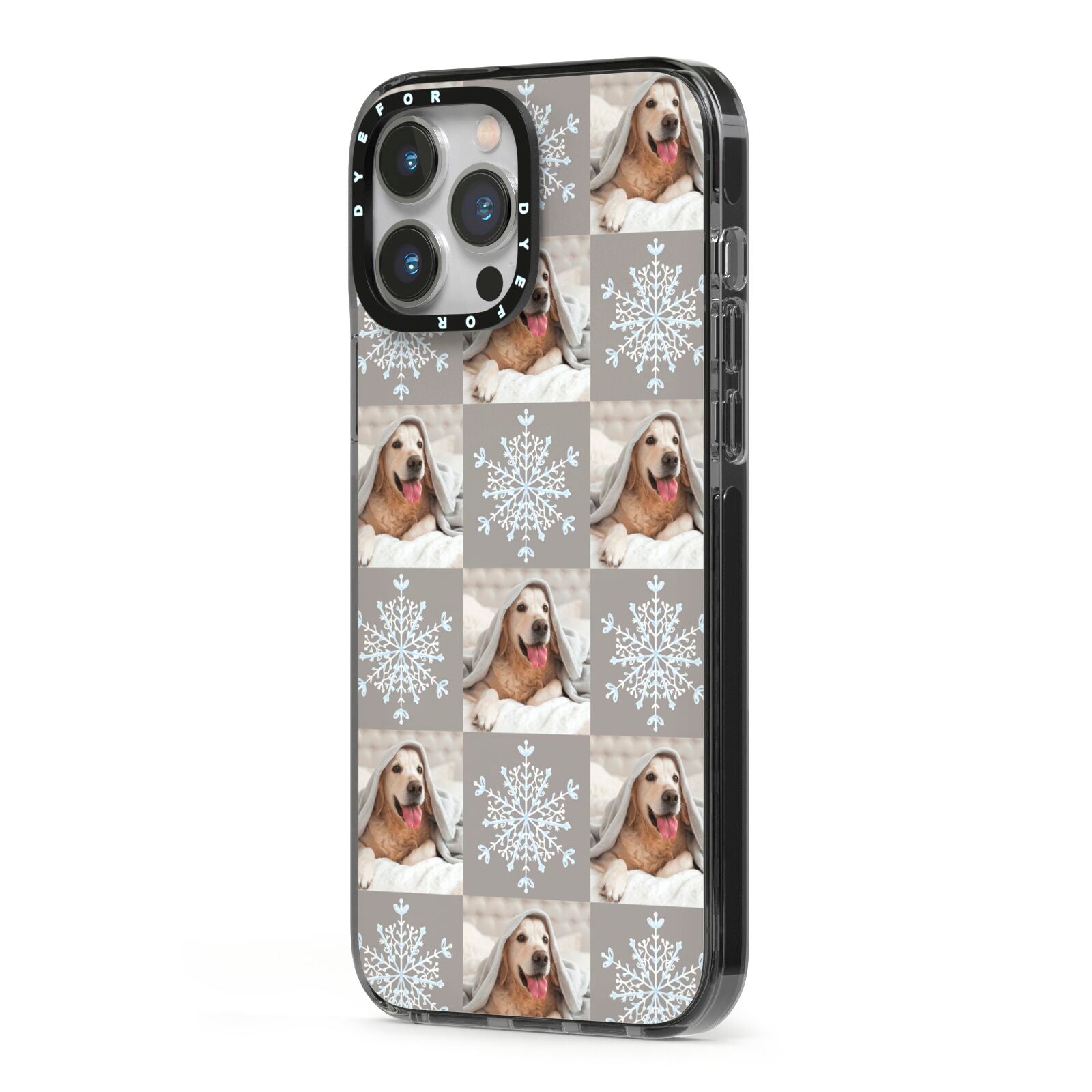 Christmas Dog Photo iPhone 13 Pro Max Black Impact Case Side Angle on Silver phone