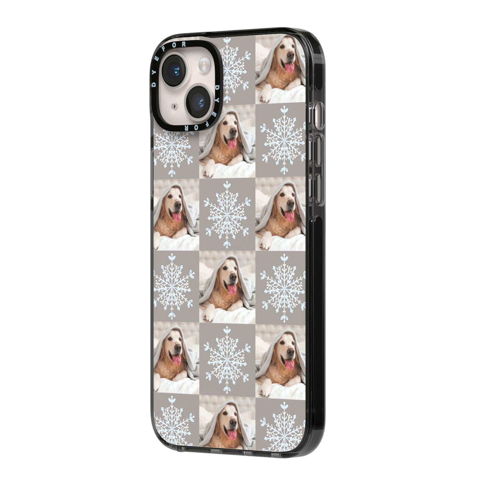 Christmas Dog Photo iPhone 14 Plus Black Impact Case Side Angle on Silver phone