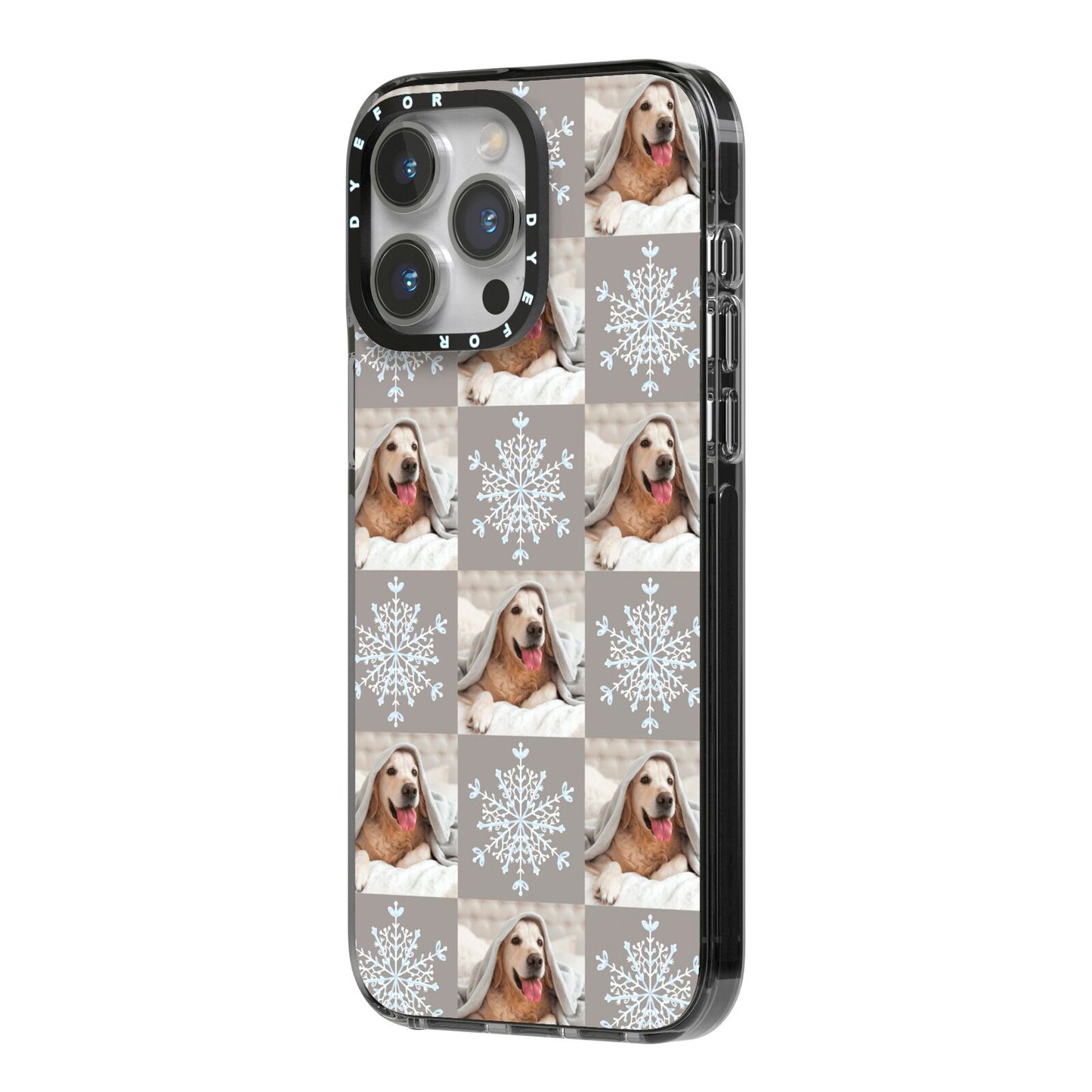 Christmas Dog Photo iPhone 14 Pro Max Black Impact Case Side Angle on Silver phone