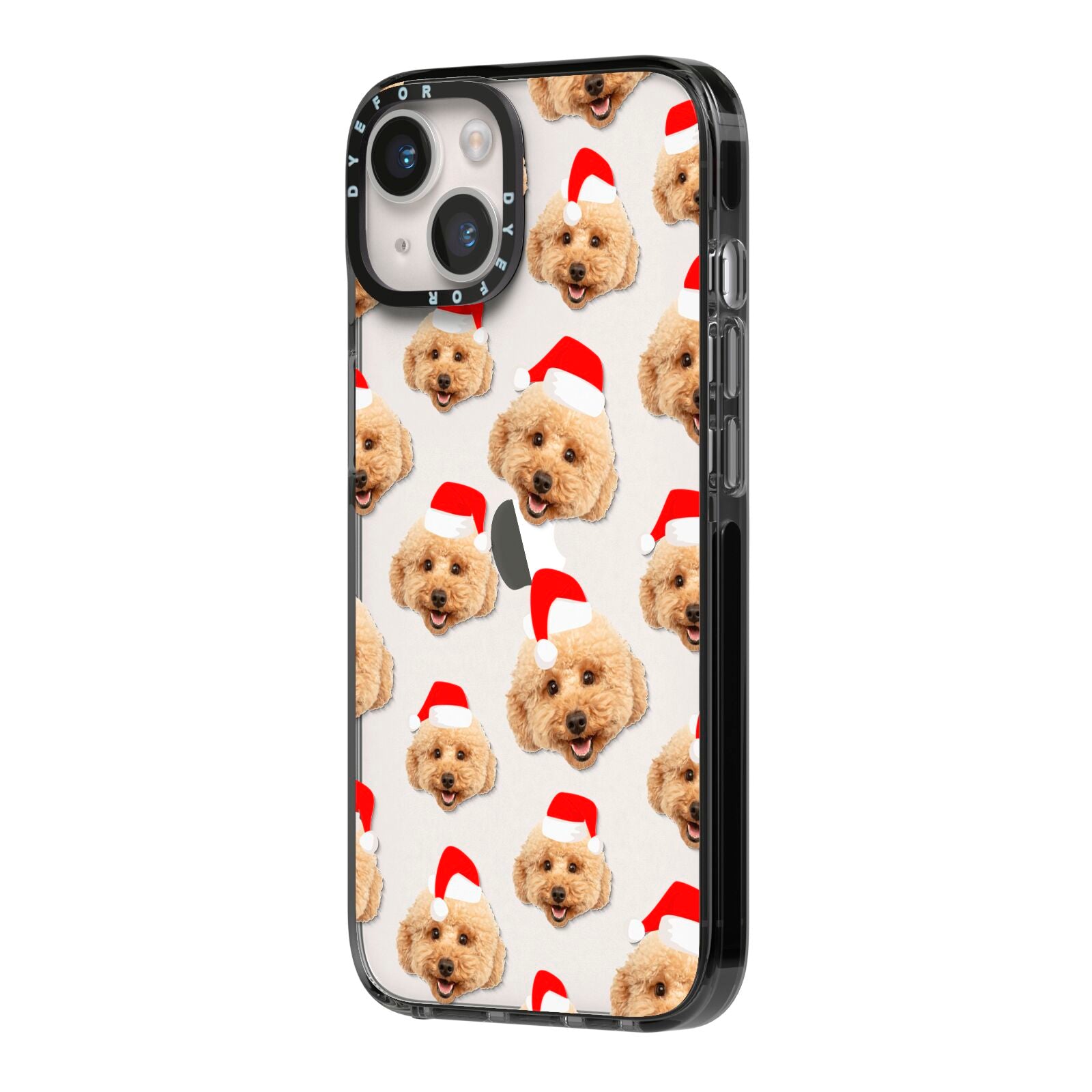Christmas Dog iPhone 14 Black Impact Case Side Angle on Silver phone