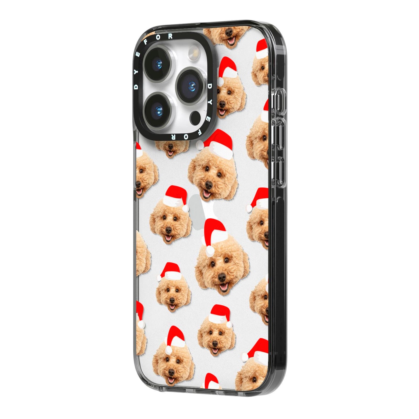 Christmas Dog iPhone 14 Pro Black Impact Case Side Angle on Silver phone