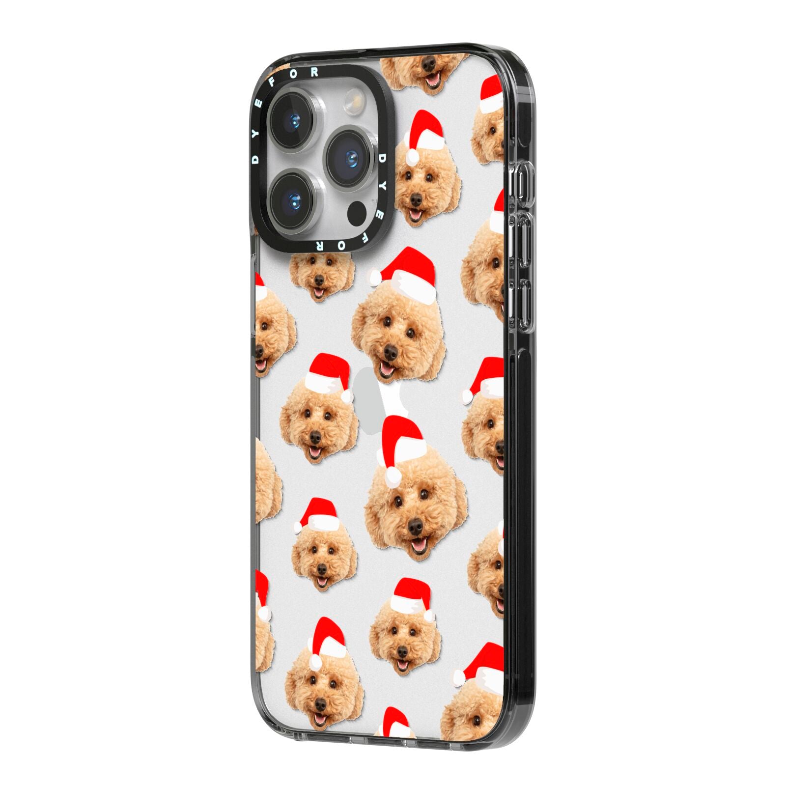 Christmas Dog iPhone 14 Pro Max Black Impact Case Side Angle on Silver phone