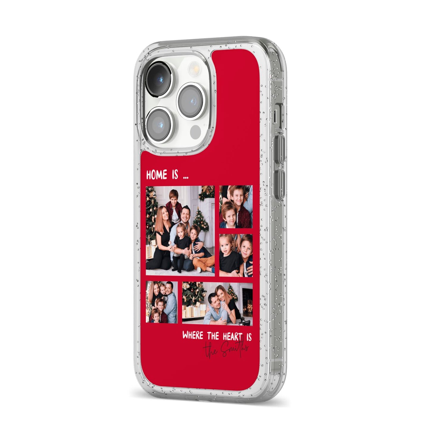 Christmas Family Photo Personalised iPhone 14 Pro Glitter Tough Case Silver Angled Image