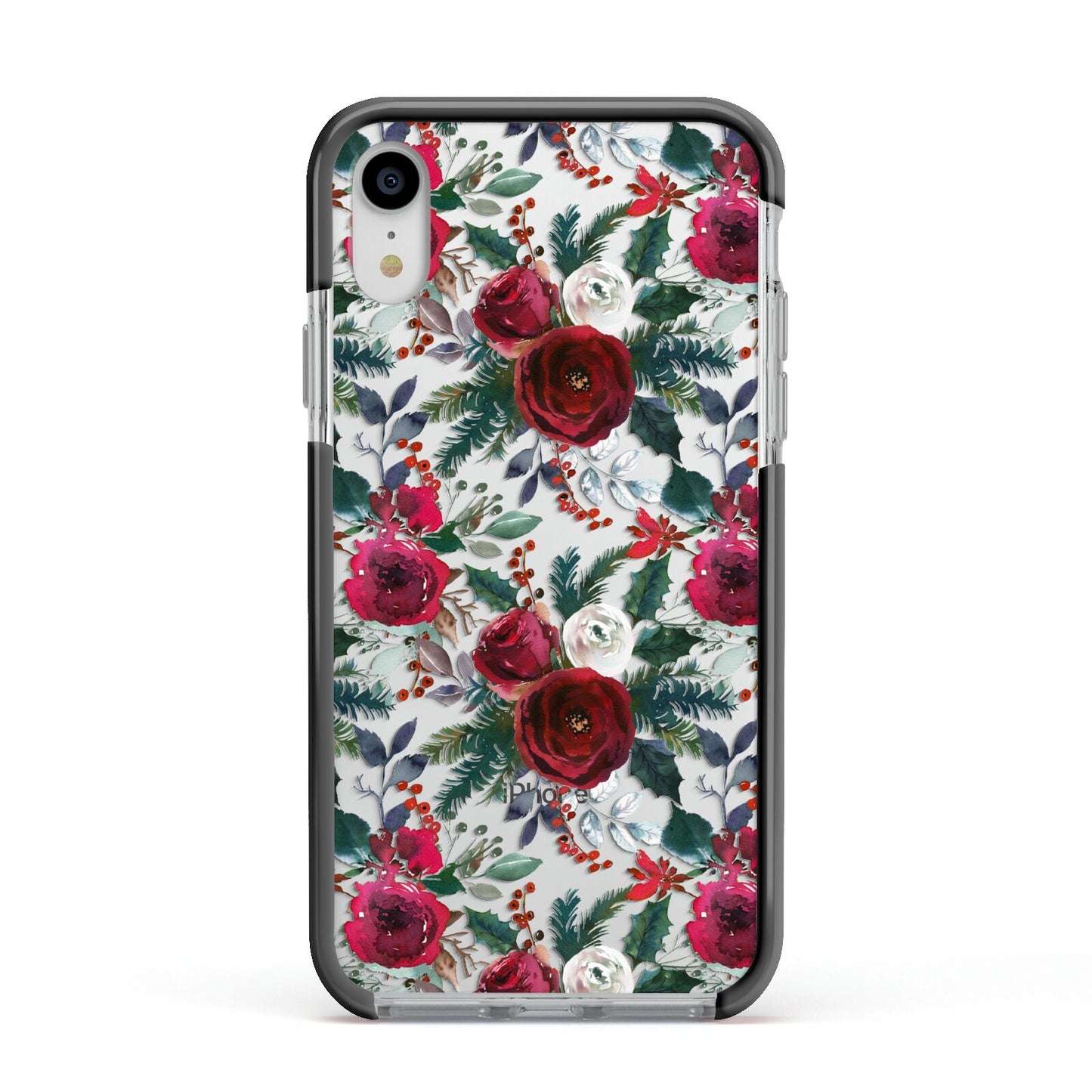 Christmas Floral Pattern Apple iPhone XR Impact Case Black Edge on Silver Phone