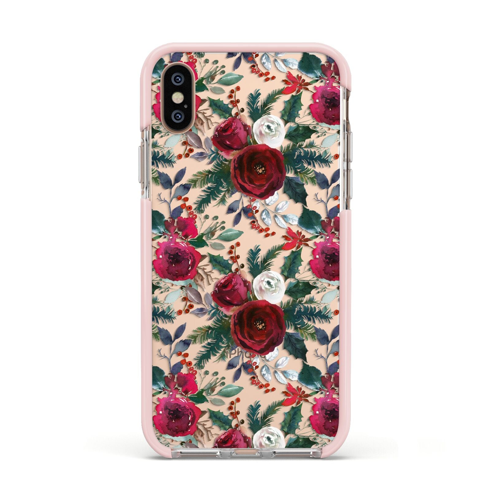 Christmas Floral Pattern Apple iPhone Xs Impact Case Pink Edge on Gold Phone