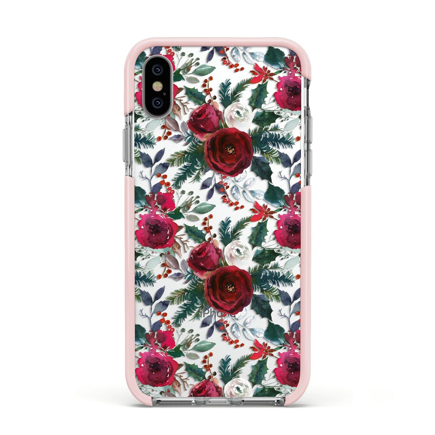 Christmas Floral Pattern Apple iPhone Xs Impact Case Pink Edge on Silver Phone